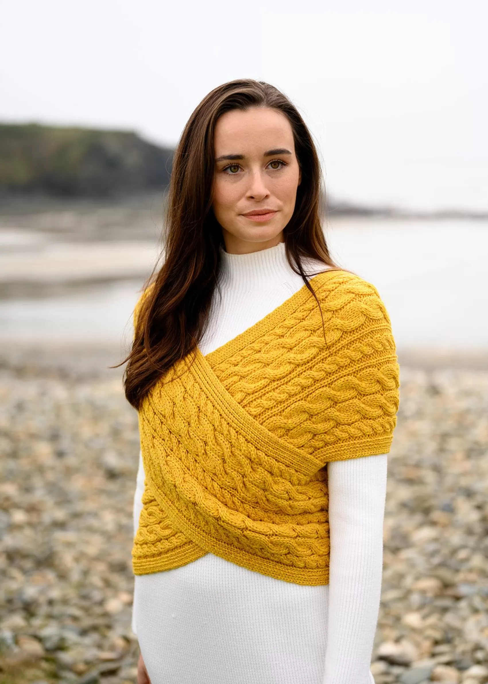 Aran Sweaters^Aran Woollen Mills Aran Crossover Wrap | Sunflower