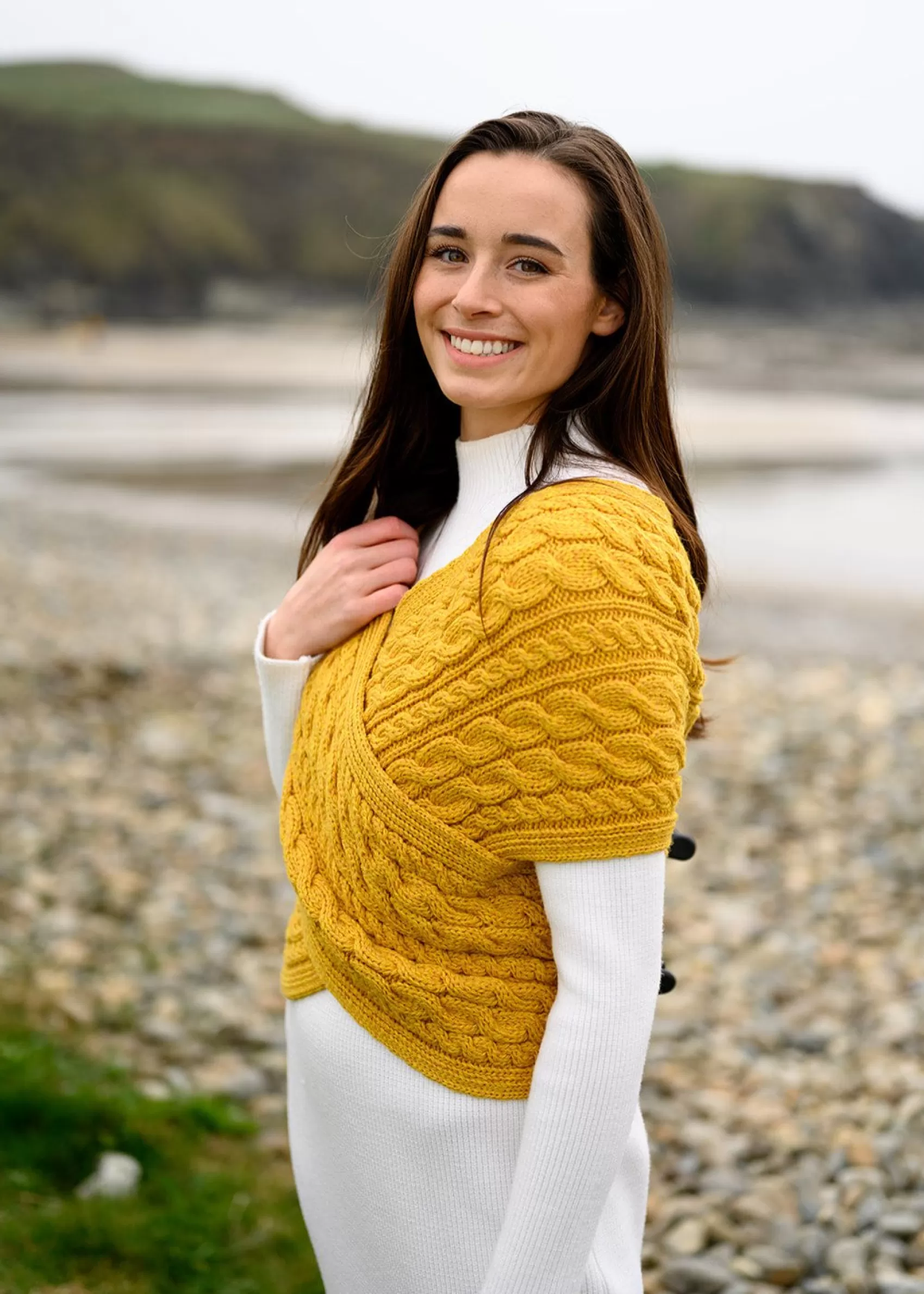 Aran Sweaters^Aran Woollen Mills Aran Crossover Wrap | Sunflower