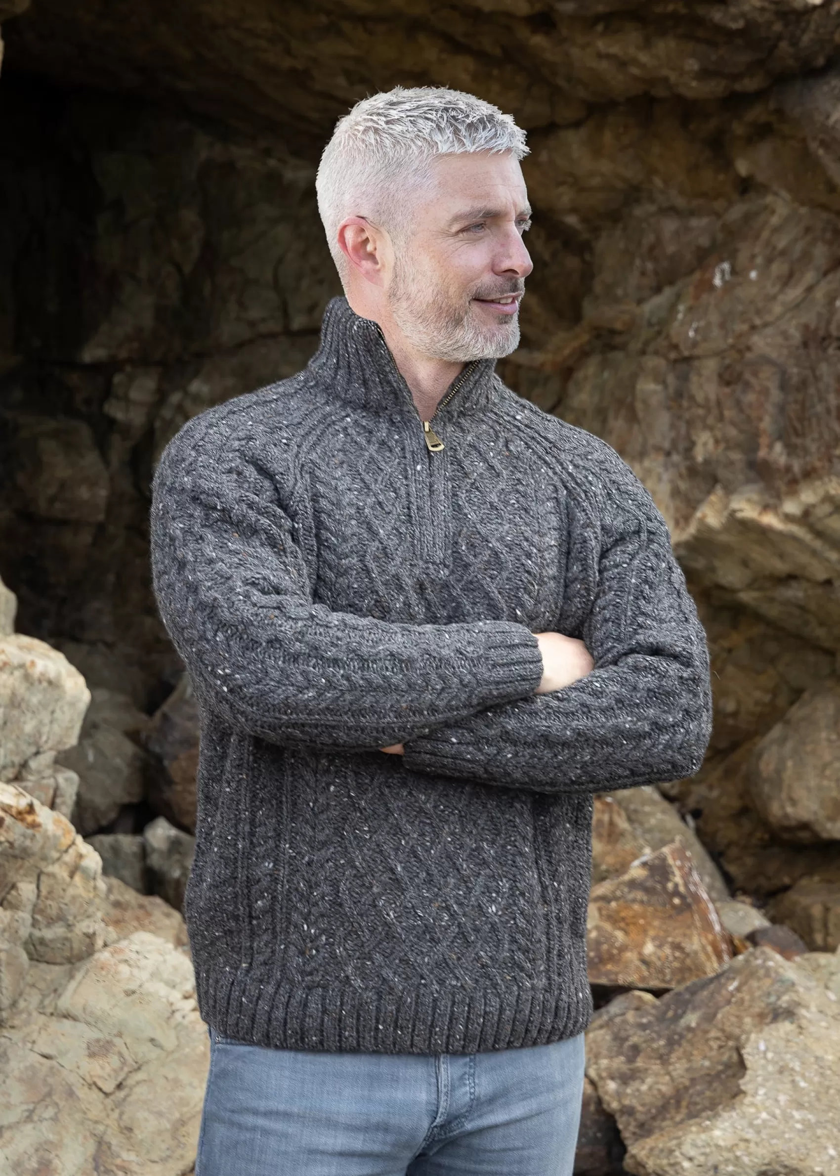 Aran Sweaters^Aran Woollen Mills Aran Donegal Zip Sweater | Charcoal - Clearance