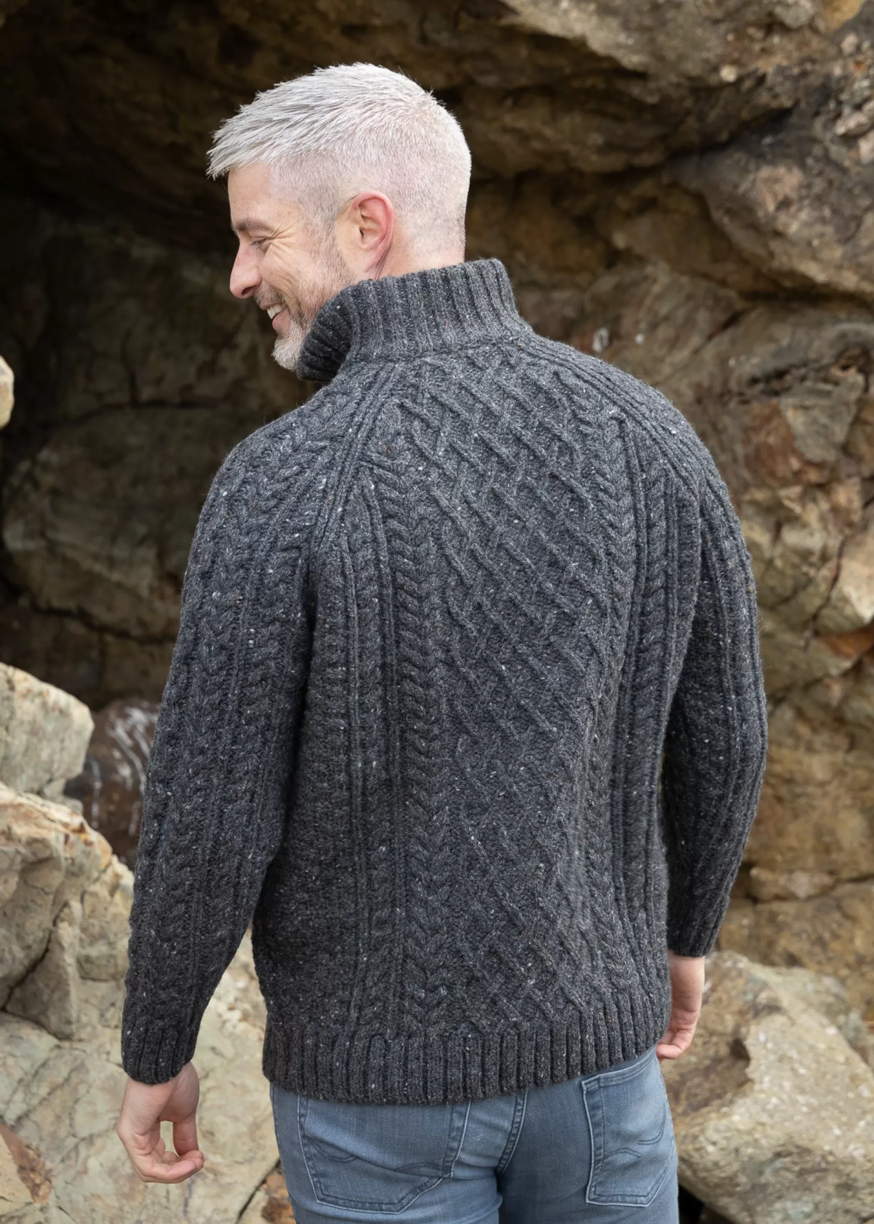 Aran Sweaters^Aran Woollen Mills Aran Donegal Zip Sweater | Charcoal - Clearance