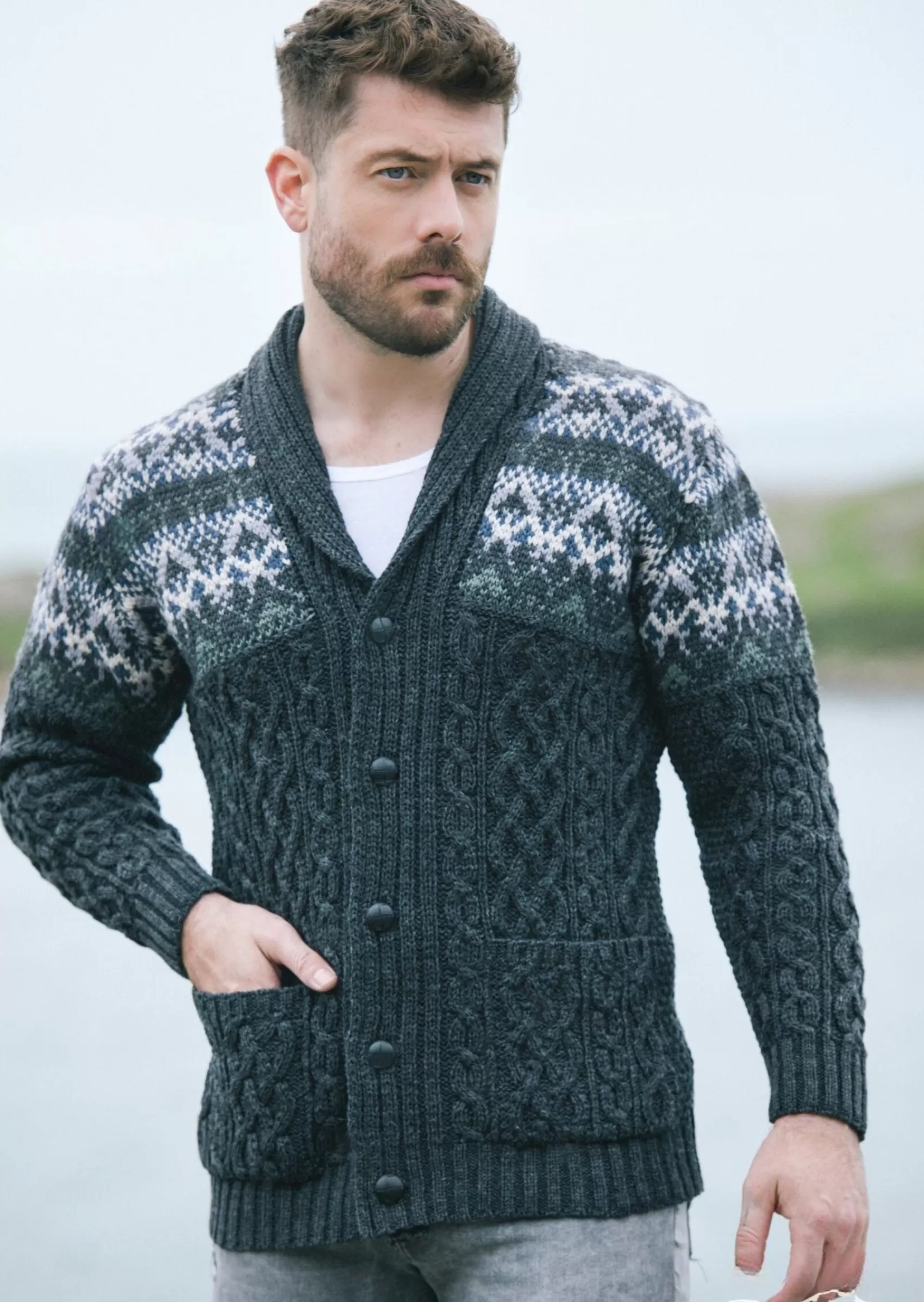 Aran Sweaters | Aran Cardigans^Aran Crafts Aran Fairisle Button Cardigan | Charcoal