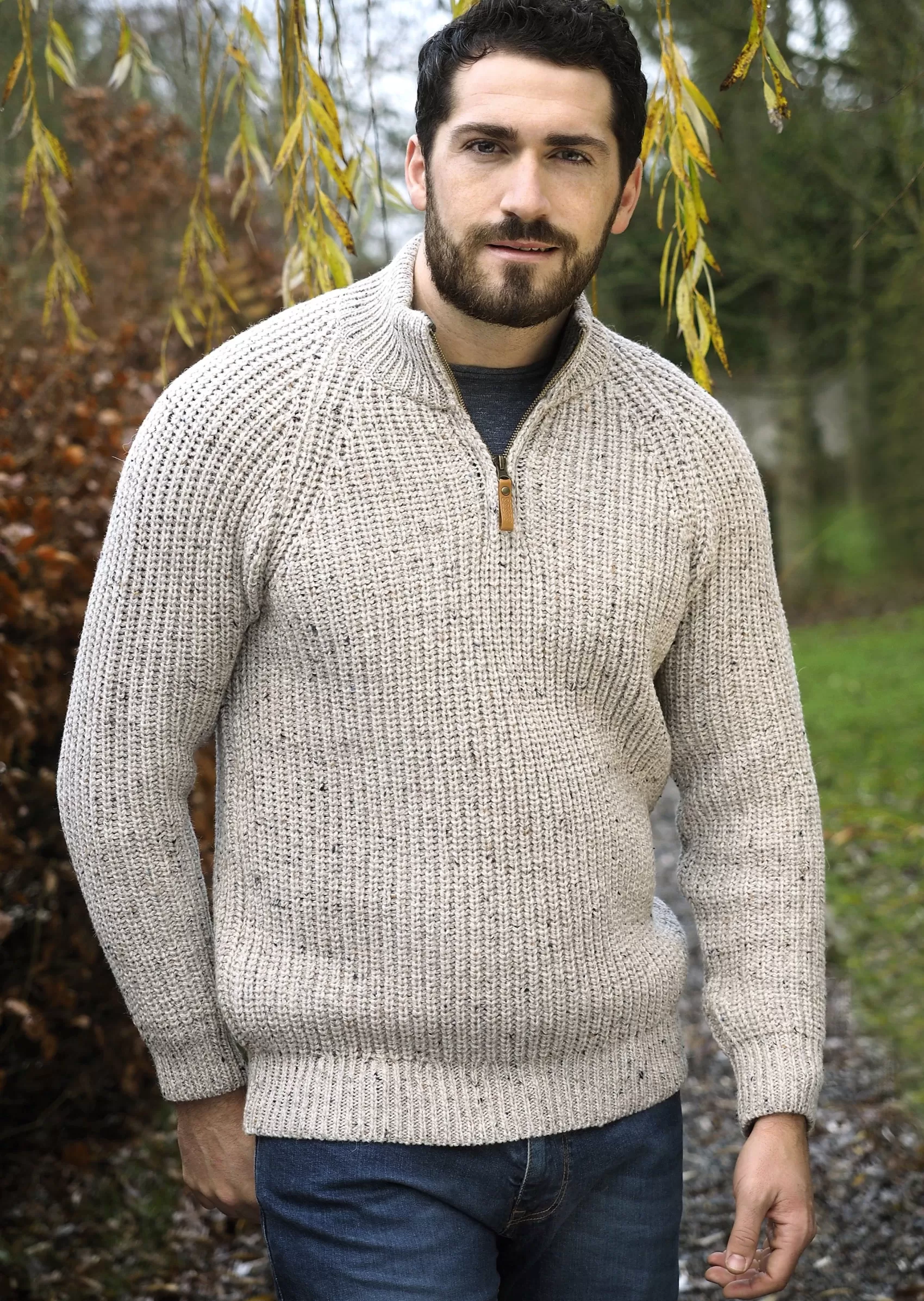 Aran Sweaters^Aran Crafts Aran Fisherman's 1/2 zip Sweater | Oatmeal