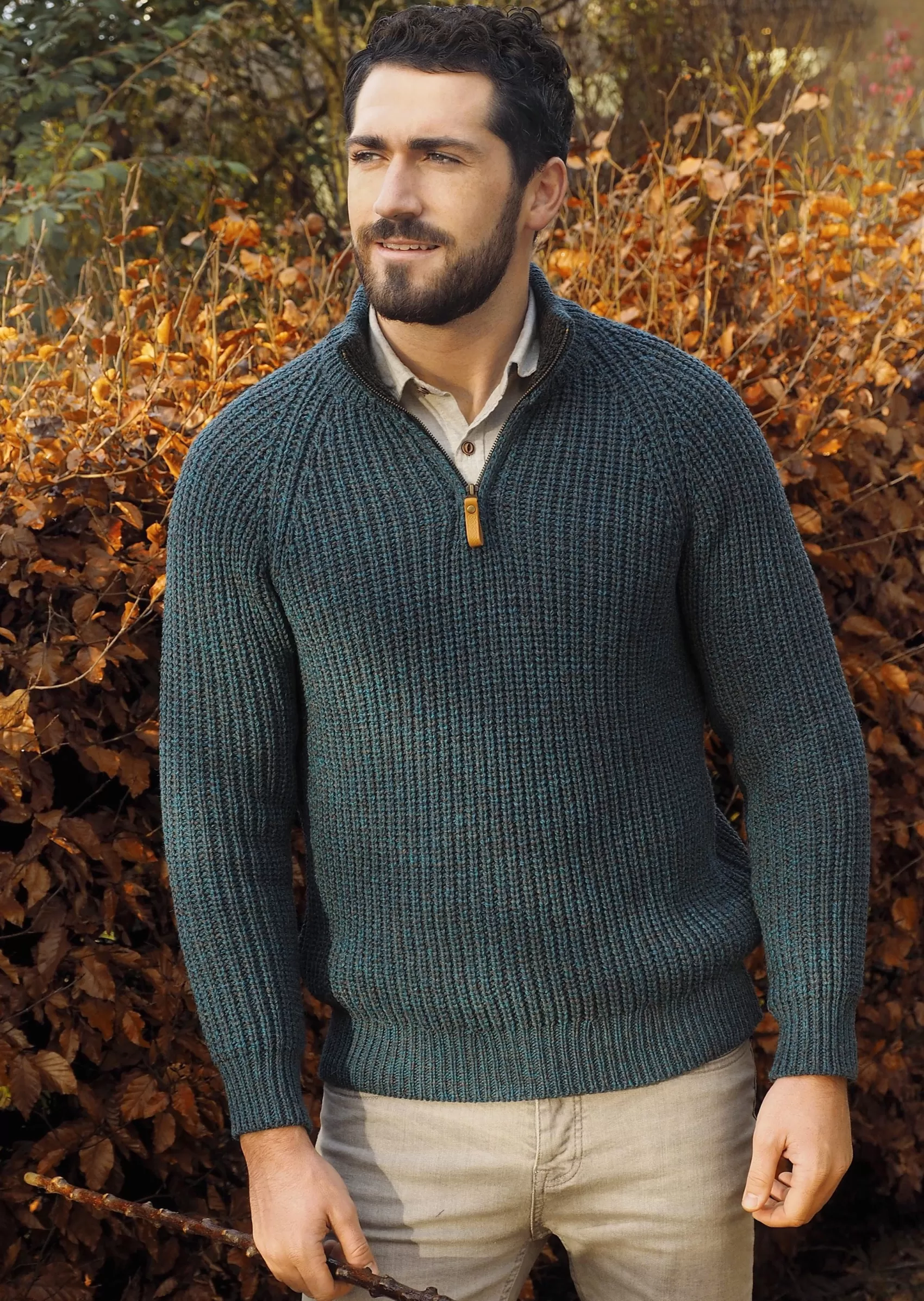 Aran Sweaters^Aran Crafts Aran Fisherman's 1/2 zip Sweater | Peacock