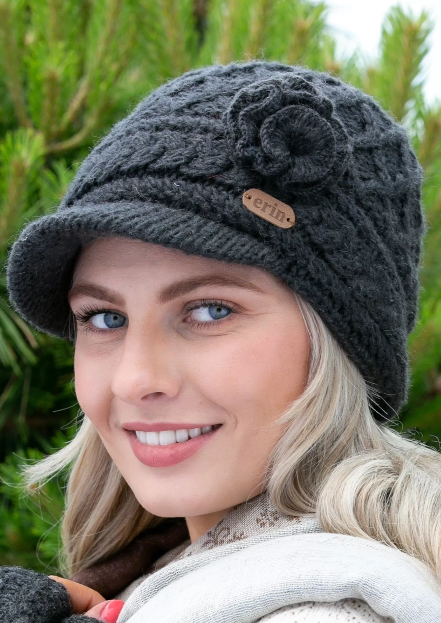 Hats & Caps^Erin Knitwear Aran Flower Peak Hat | Charcoal