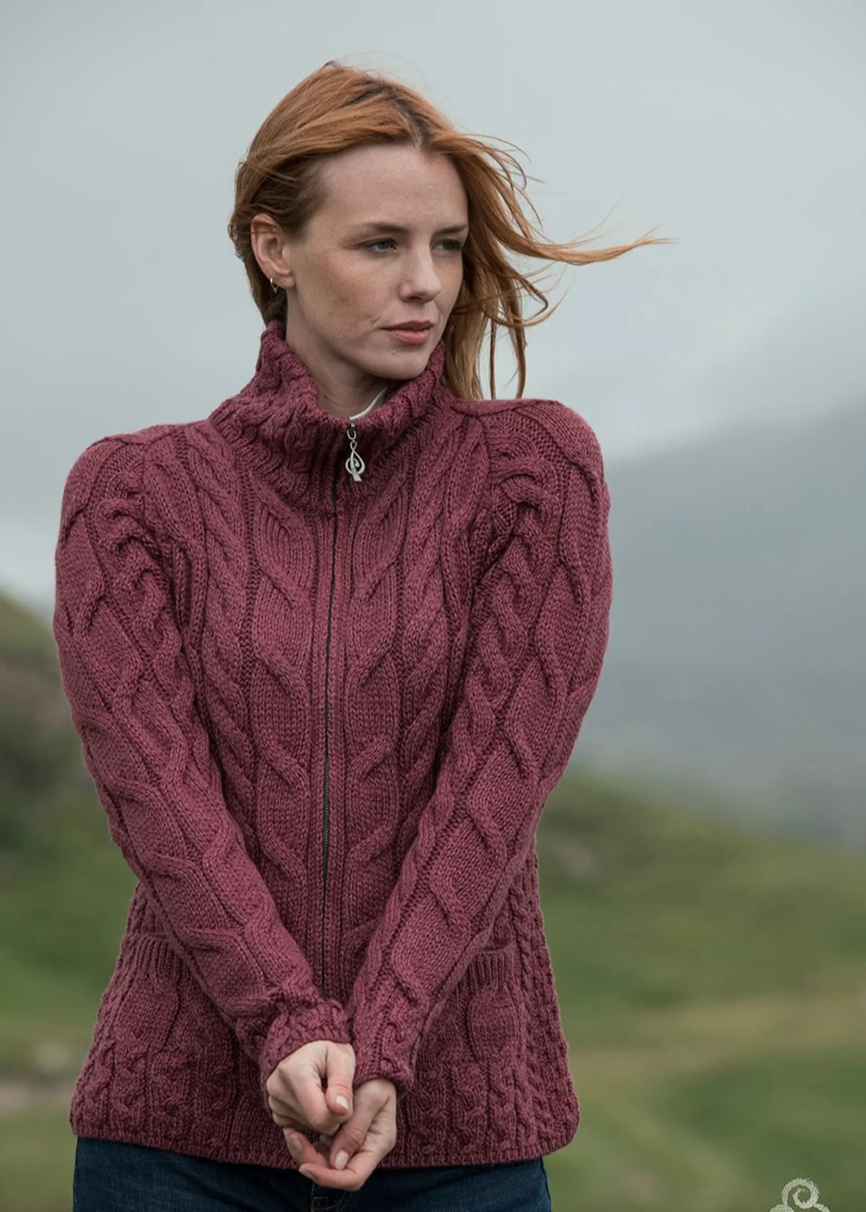 Aran Sweaters | Aran Cardigans^Aran Woollen Mills Aran Full Zip Cardigan | Raspberry