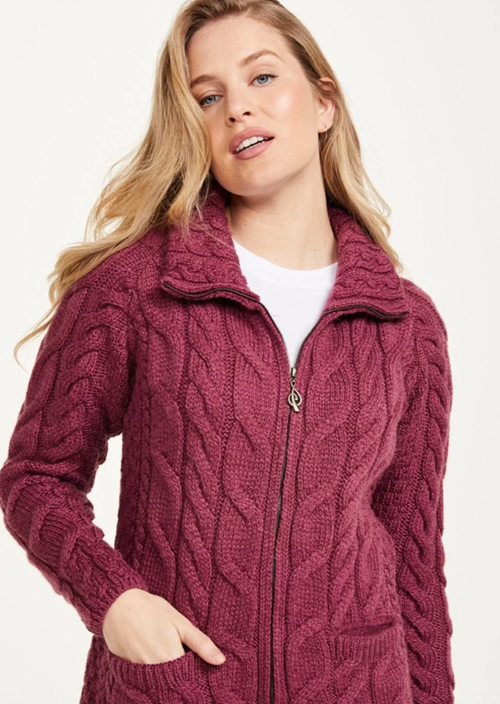 Aran Sweaters | Aran Cardigans^Aran Woollen Mills Aran Full Zip Cardigan | Raspberry