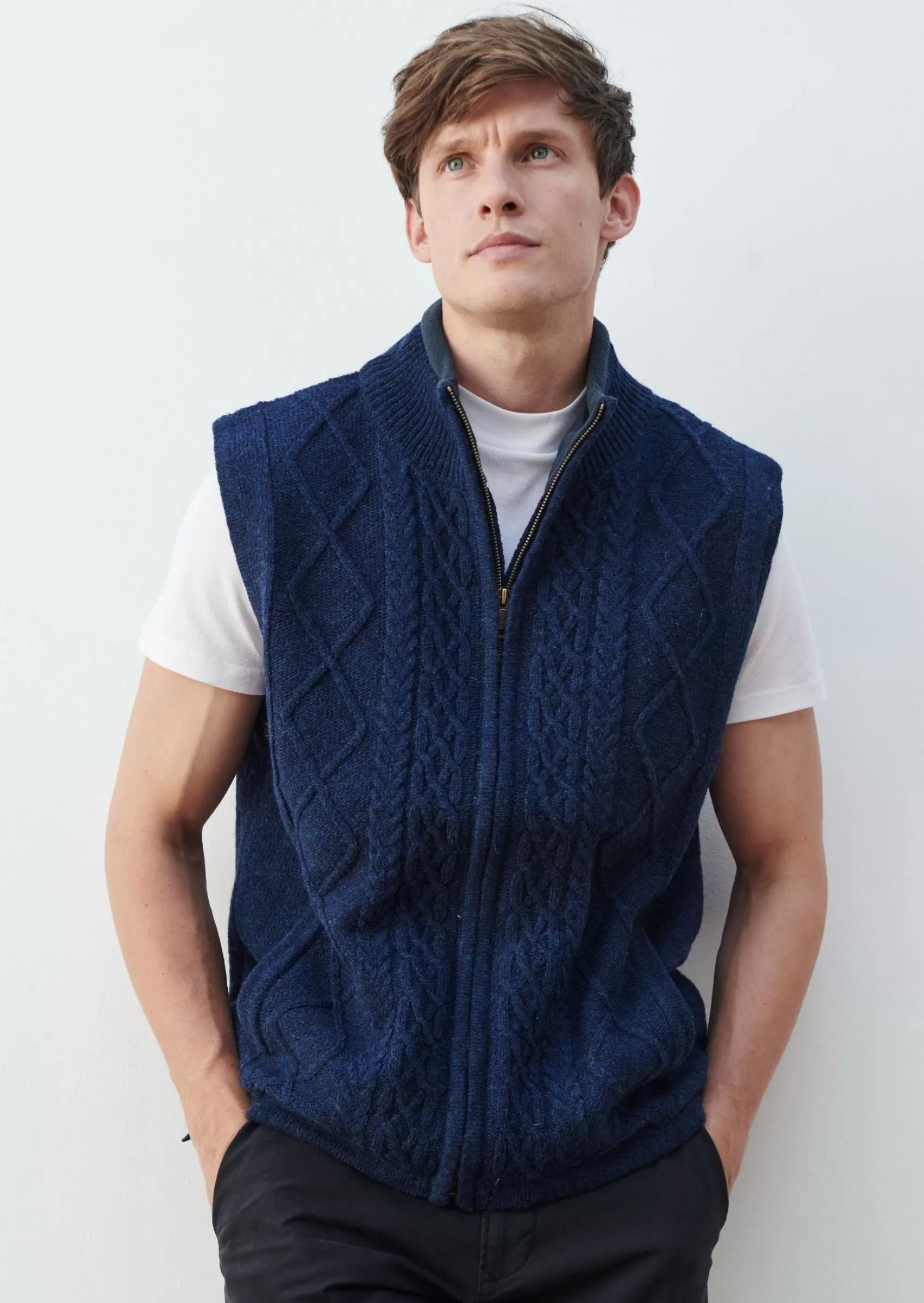 Aran Sweaters^Aran Woollen Mills Aran Full Zip Fleece Gilet | Blue