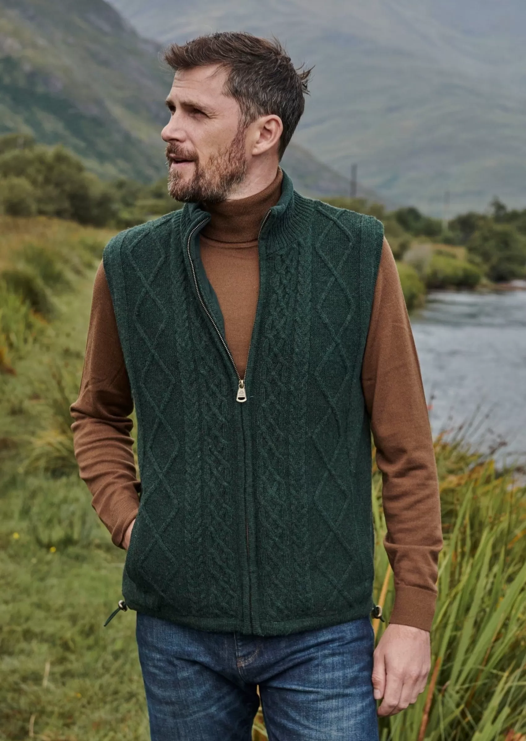 Aran Sweaters^Aran Woollen Mills Aran Full Zip Fleece Gilet | Green