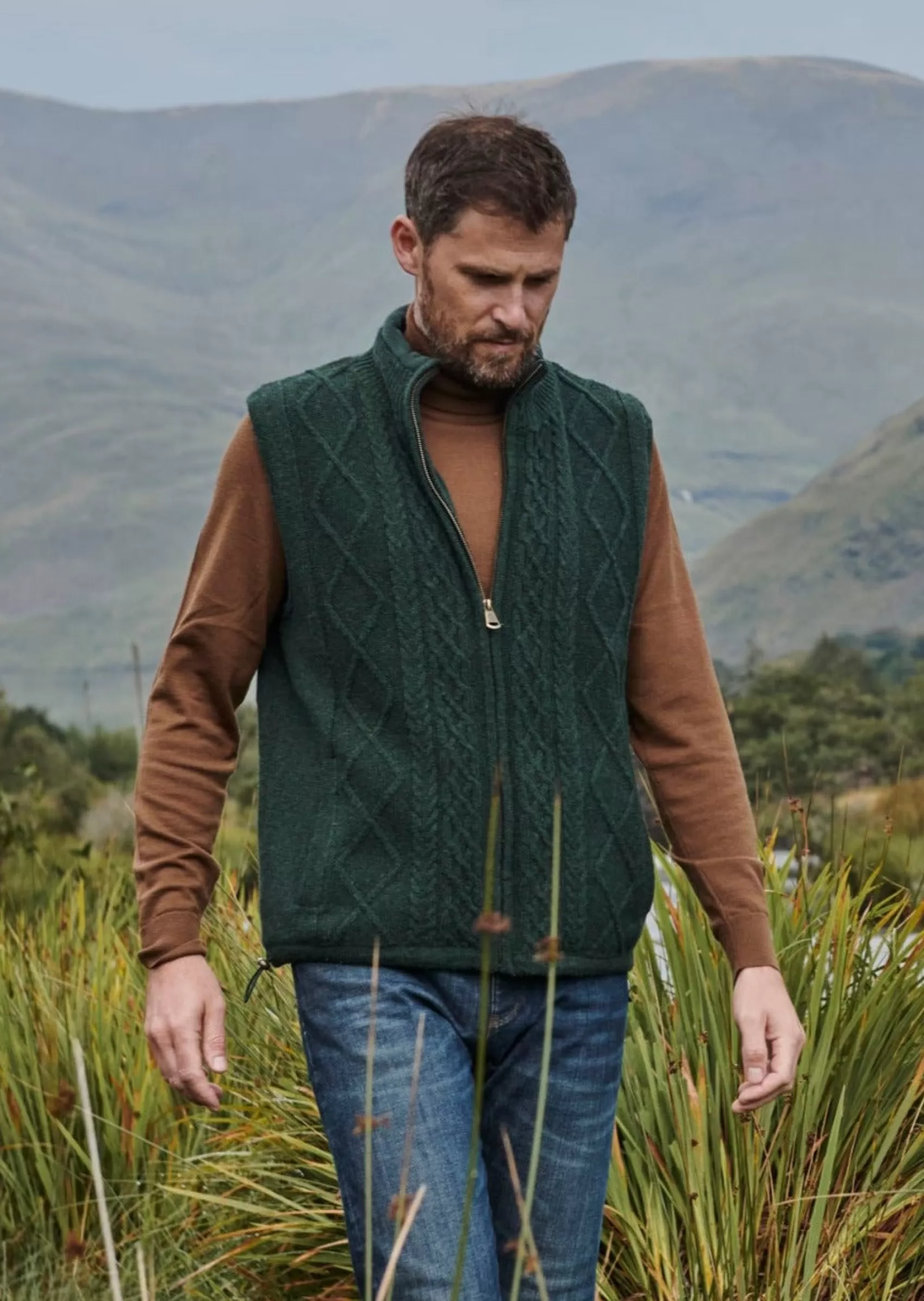 Aran Sweaters^Aran Woollen Mills Aran Full Zip Fleece Gilet | Green