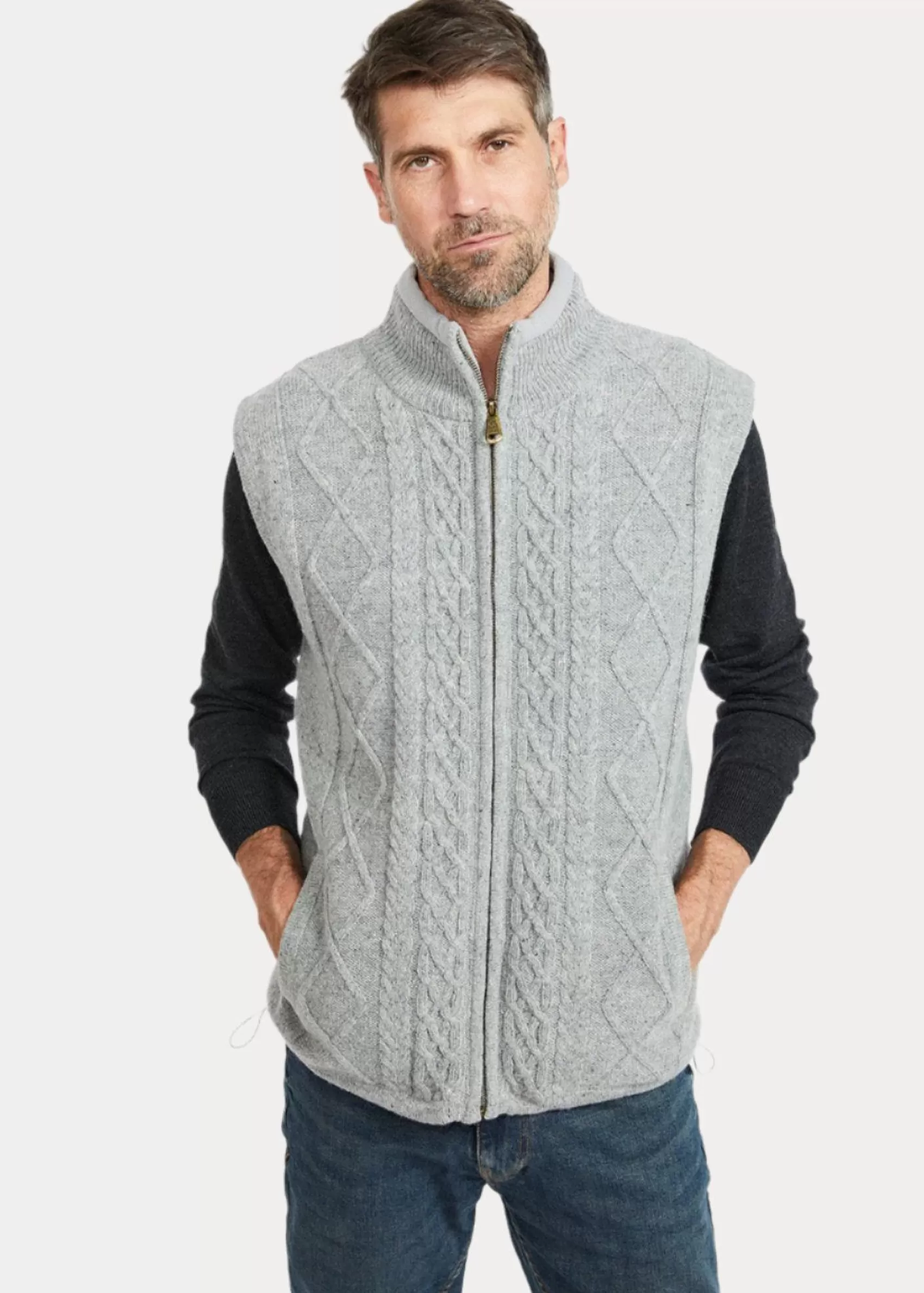 Aran Sweaters^Aran Woollen Mills Aran Full Zip Fleece Gilet | Grey