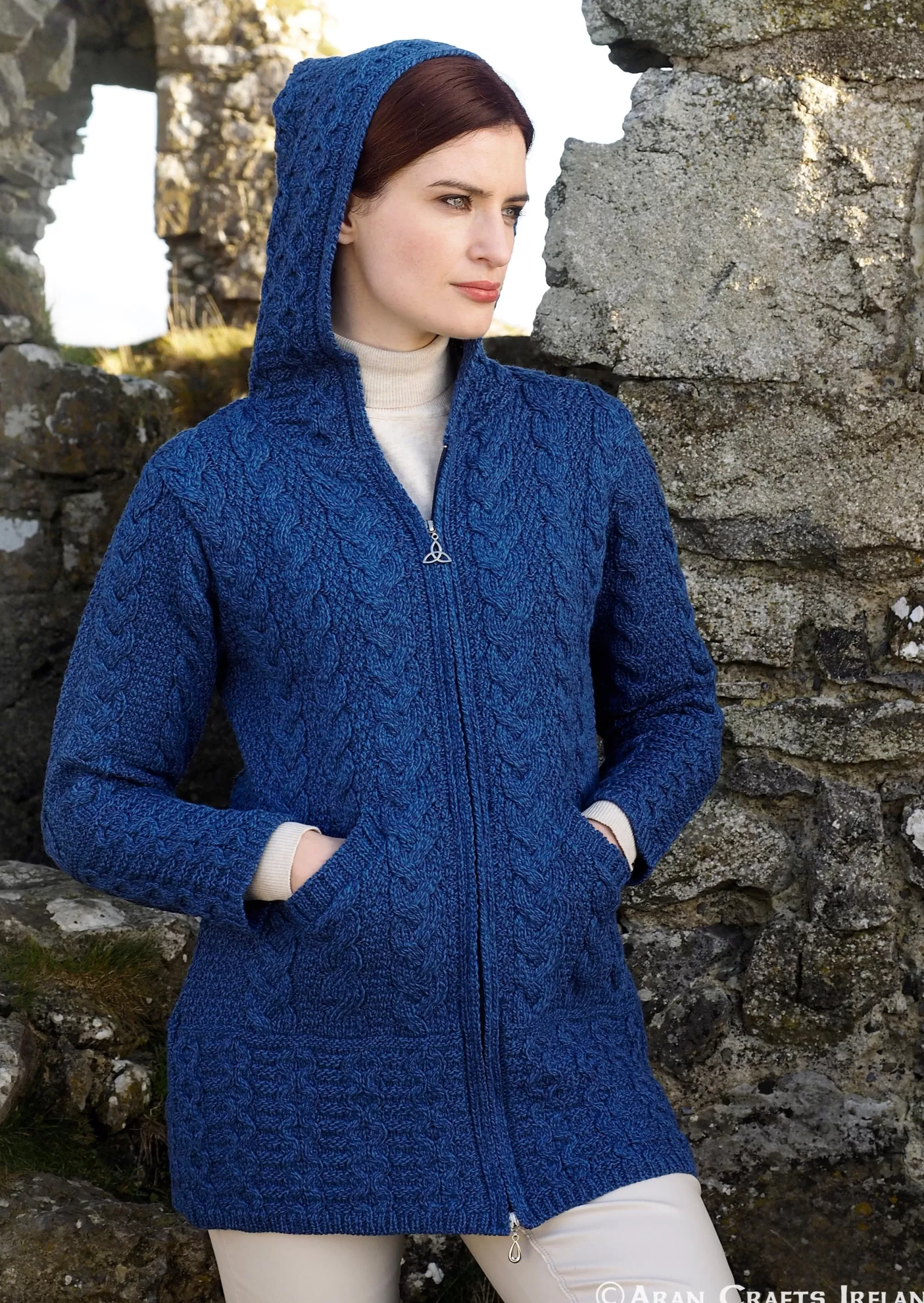 Aran Sweaters | Aran Cardigans^Aran Crafts Aran Galway Cardigan With Celtic Knot Zipper | Blue