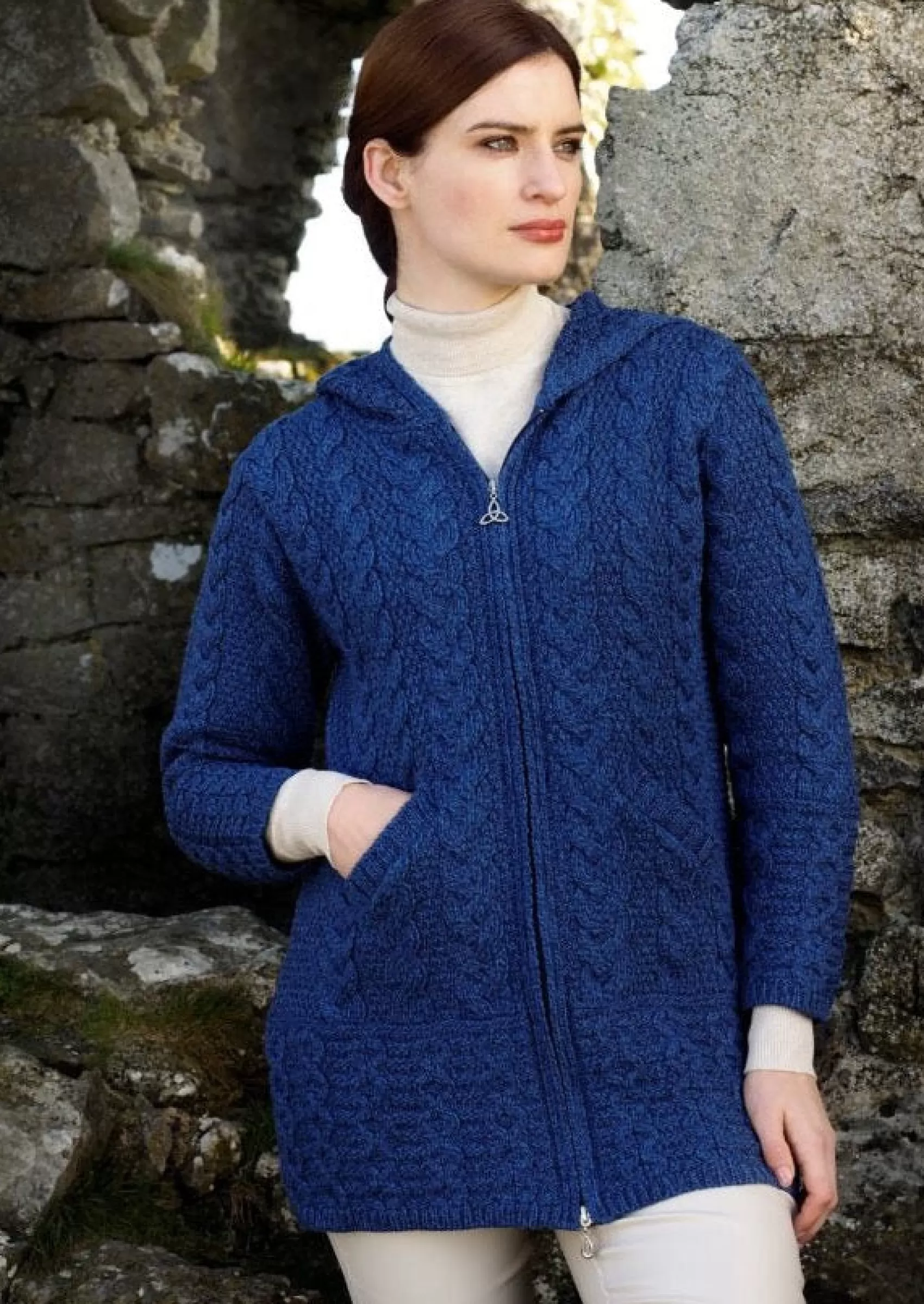 Aran Sweaters | Aran Cardigans^Aran Crafts Aran Galway Cardigan With Celtic Knot Zipper | Blue