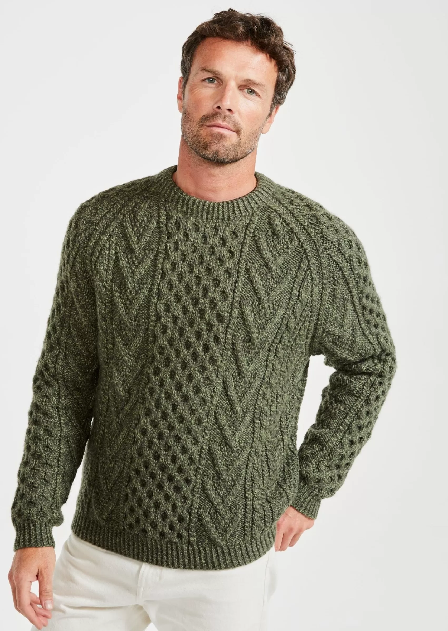 Aran Sweaters^Aran Woollen Mills Aran Handknit Crew Neck Sweater | Green