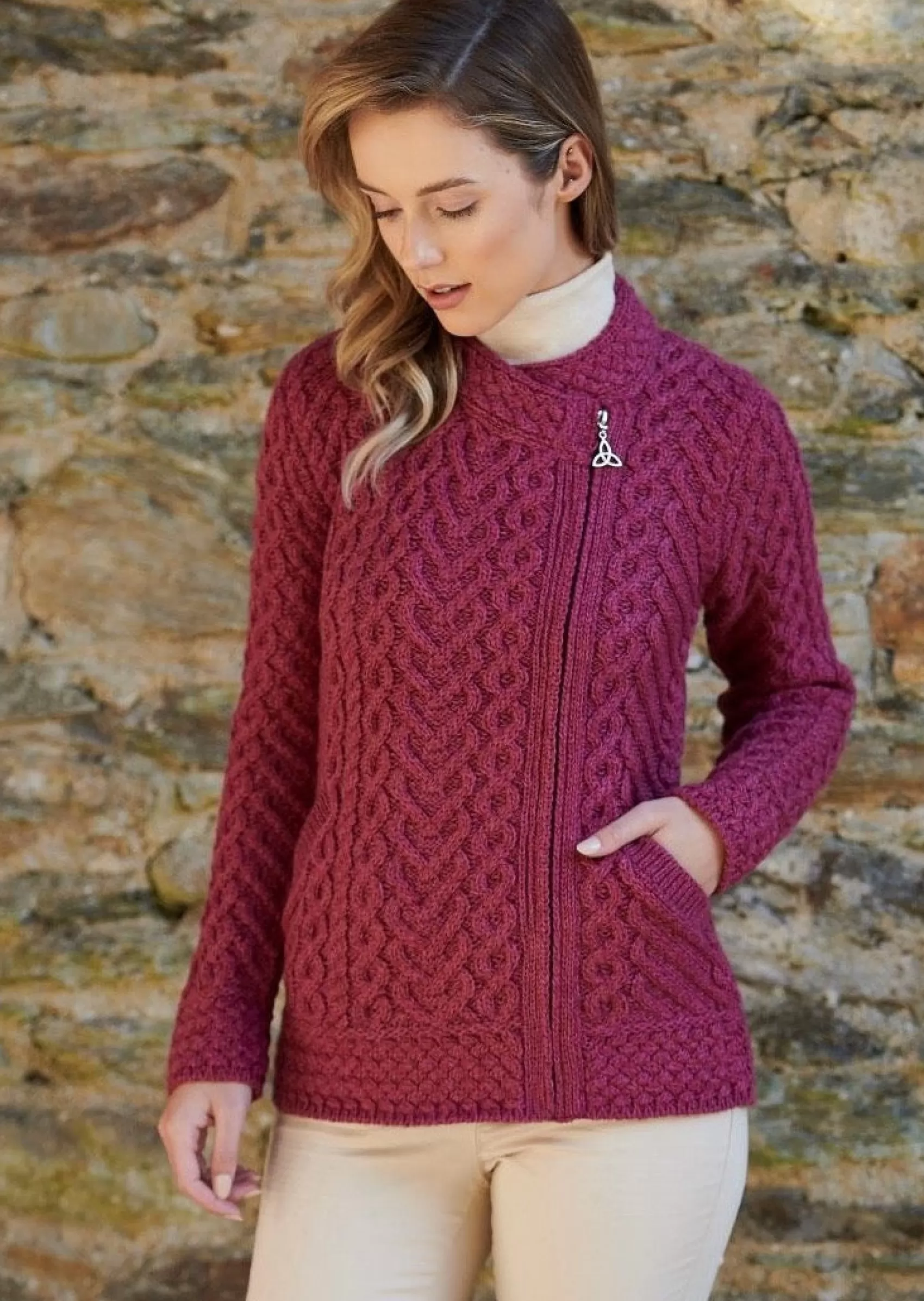 Aran Sweaters | Aran Cardigans^Aran Crafts Aran Heart Design Zip Cardigan | Magenta