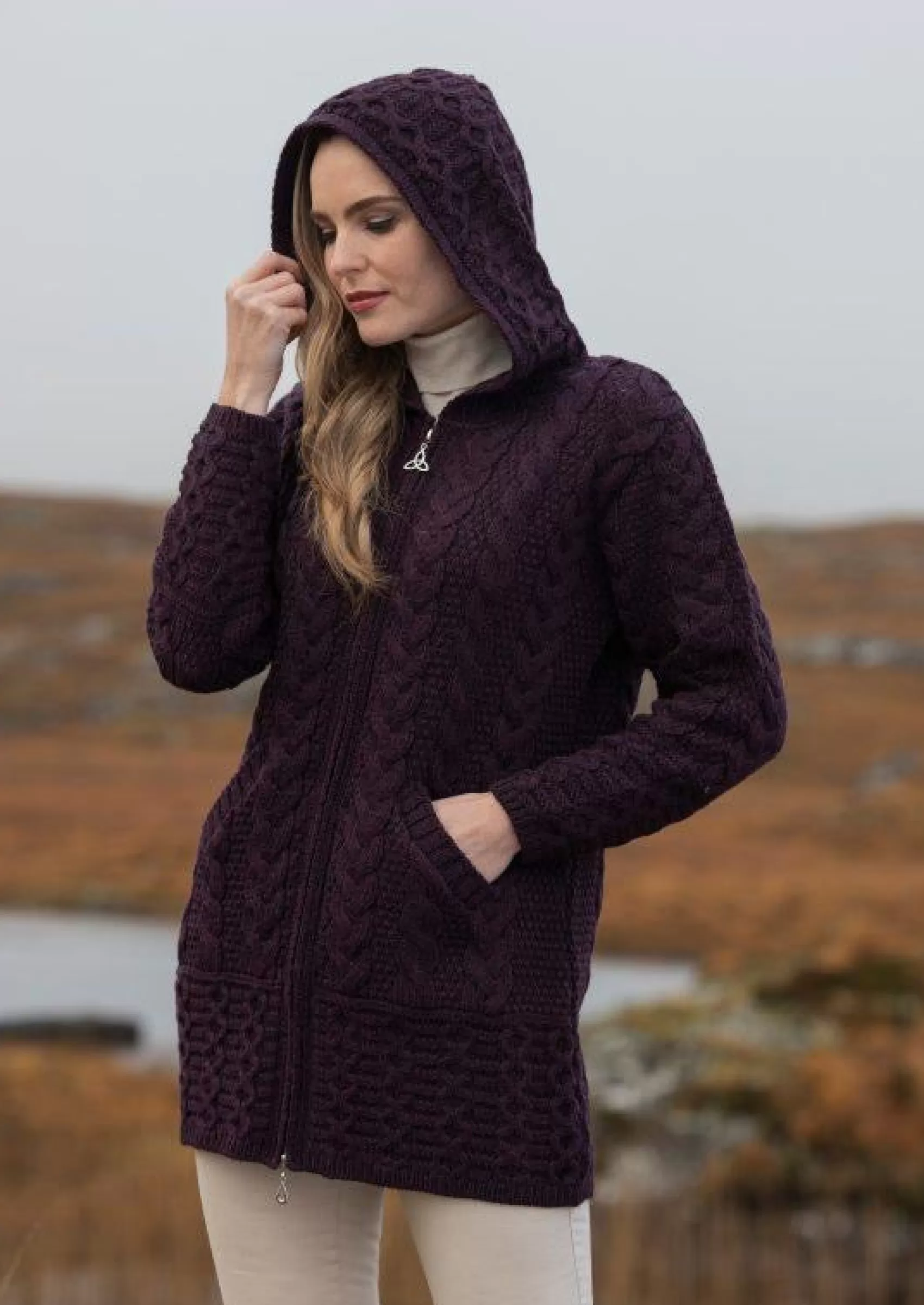 Aran Sweaters | Aran Cardigans^Aran Crafts Aran Hooded Cardigan With Celtic Knot Zipper | Plum