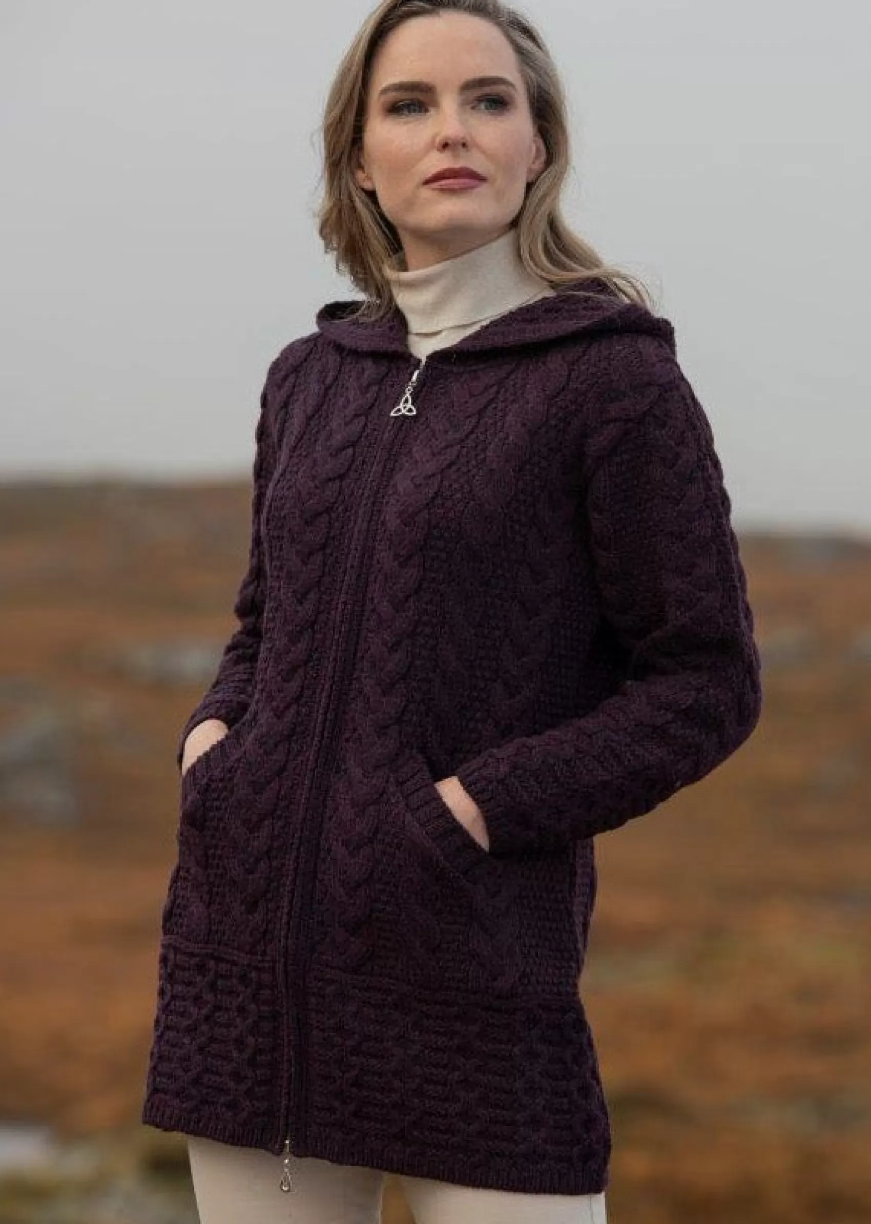 Aran Sweaters | Aran Cardigans^Aran Crafts Aran Hooded Cardigan With Celtic Knot Zipper | Plum