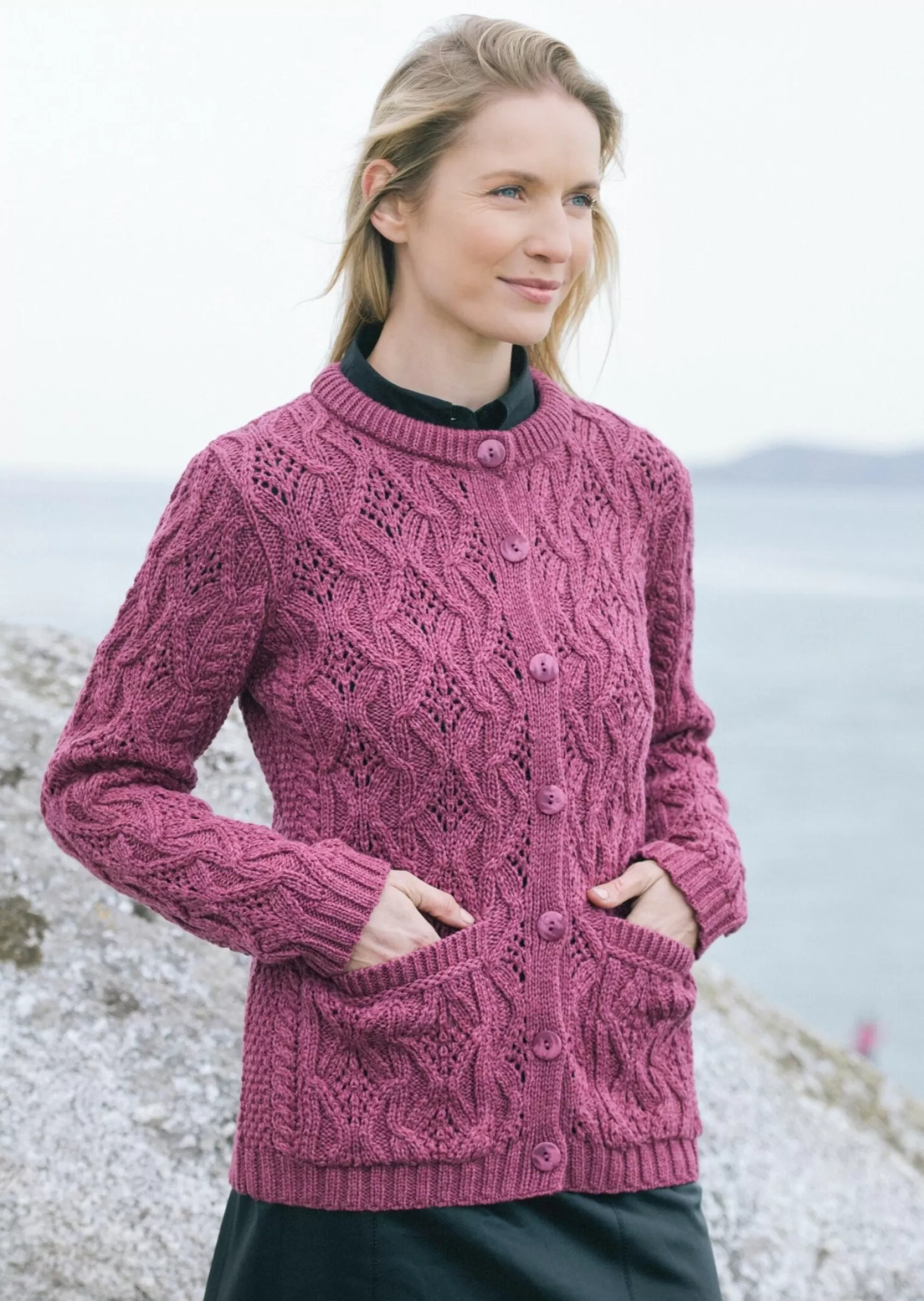 Aran Sweaters | Aran Cardigans^Aran Crafts Aran Lace Style Lumber Cardigan | Magenta