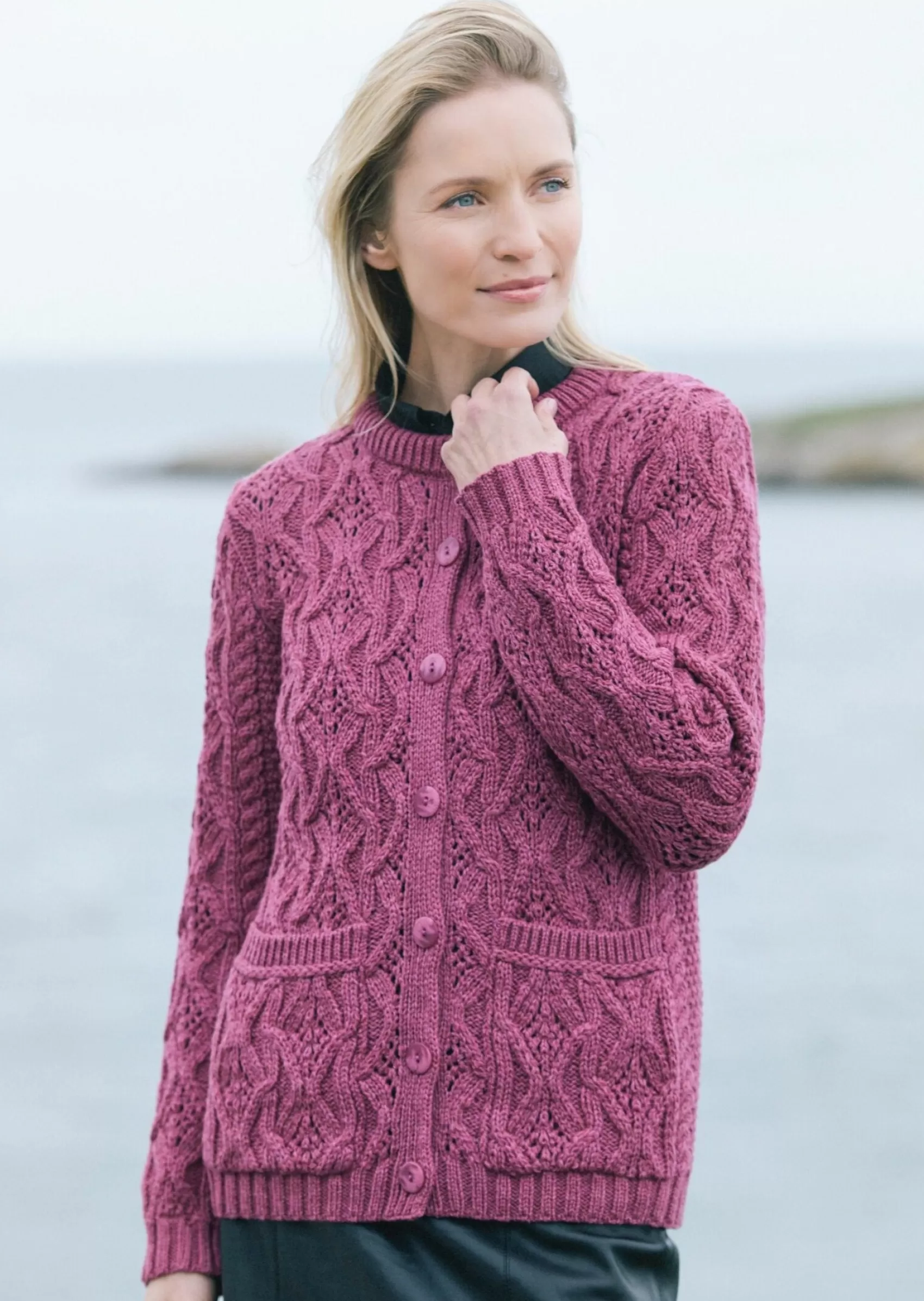 Aran Sweaters | Aran Cardigans^Aran Crafts Aran Lace Style Lumber Cardigan | Magenta