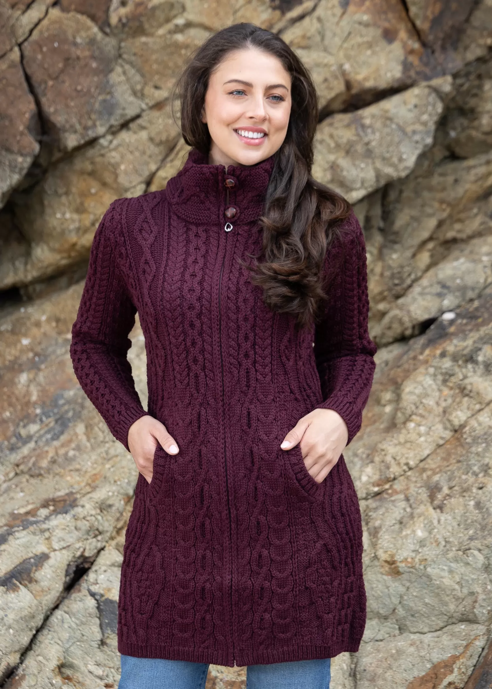 Aran Sweaters | Aran Cardigans^Original Aran Company Aran Long Fitted Coat | Burgundy