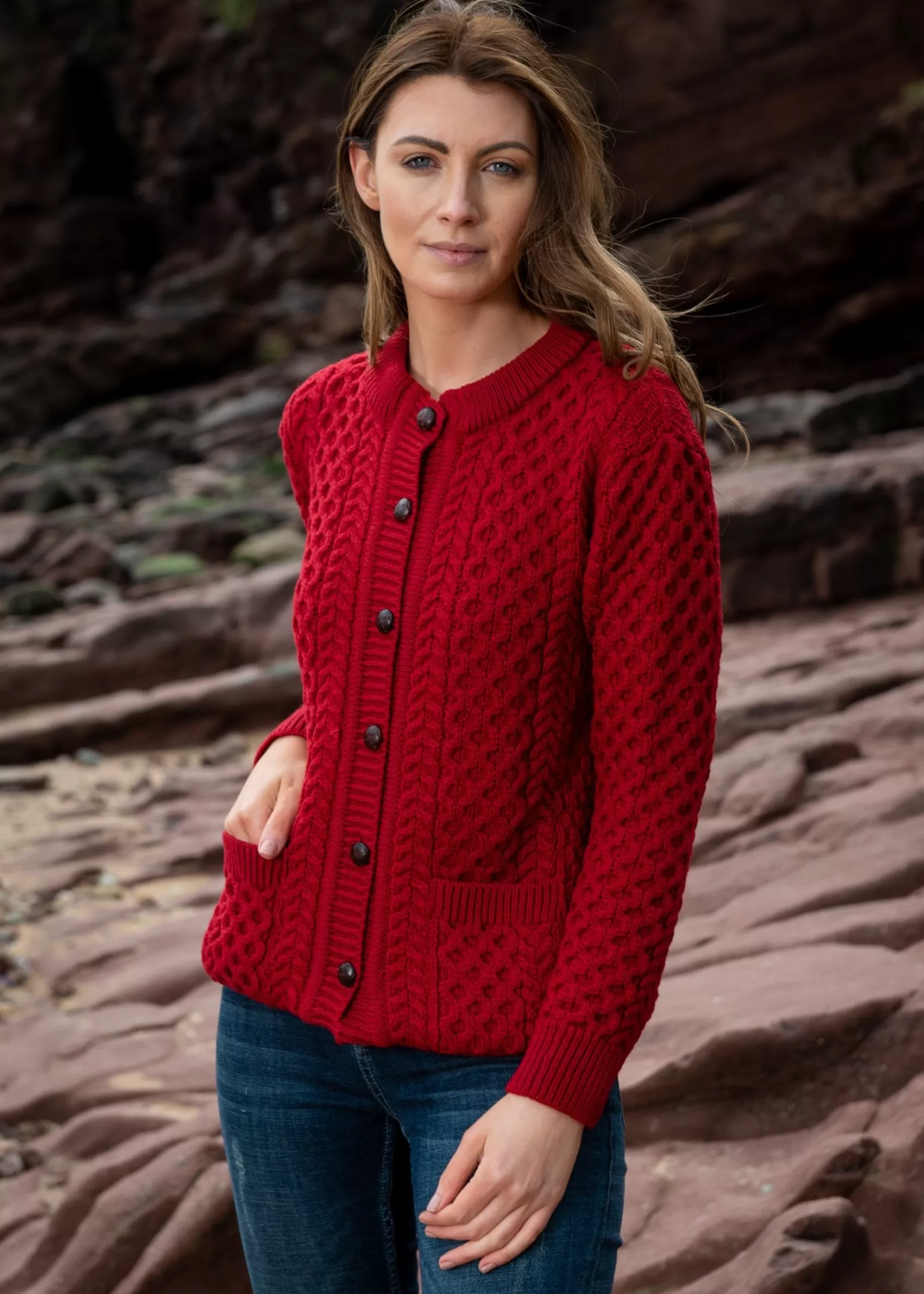 Aran Sweaters | Aran Cardigans^Original Aran Company Aran Lumber Cardigan | Red