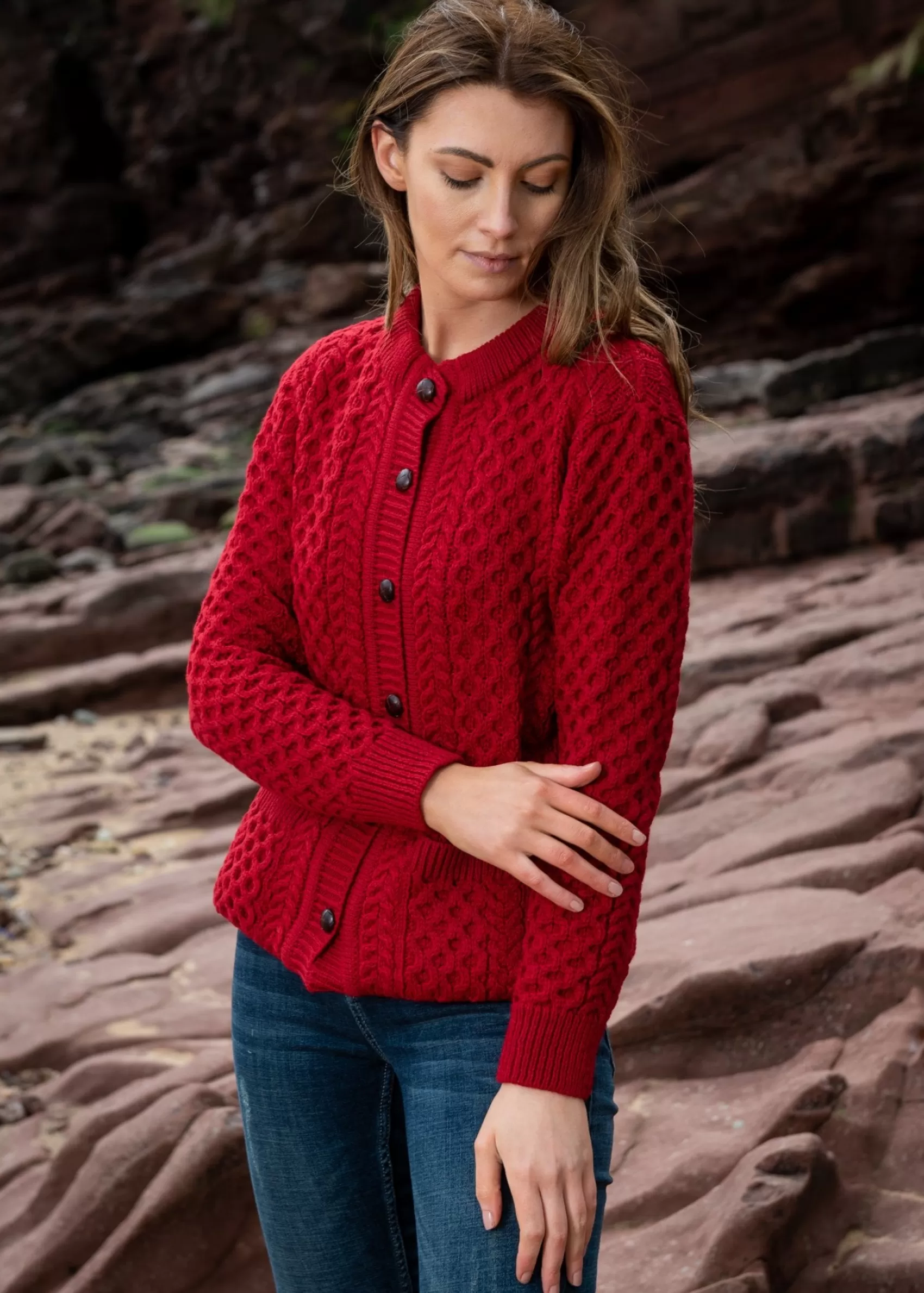 Aran Sweaters | Aran Cardigans^Original Aran Company Aran Lumber Cardigan | Red