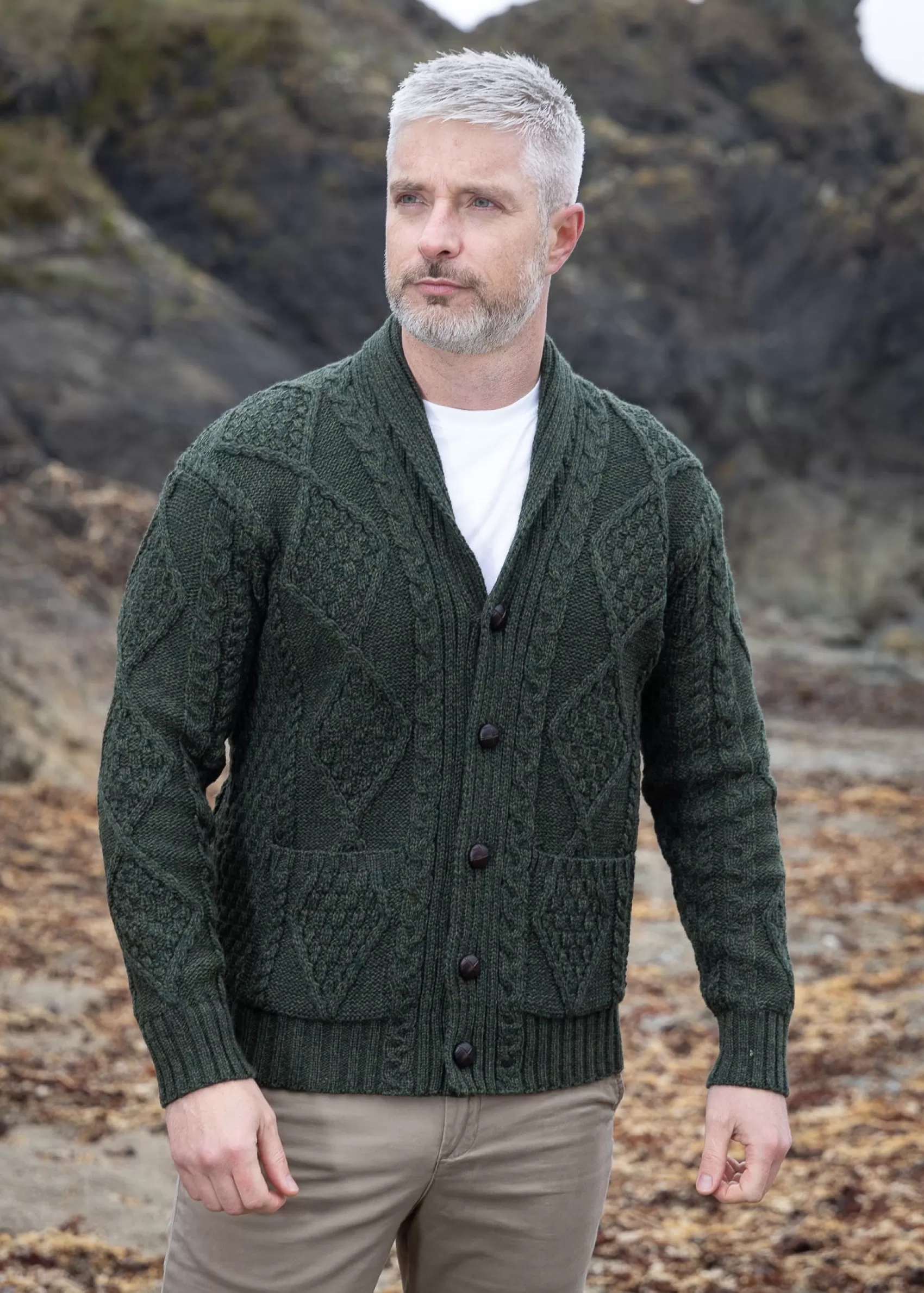 Aran Sweaters | Aran Cardigans^Original Aran Company Aran Men's Shawl Button Cardigan | Army Green