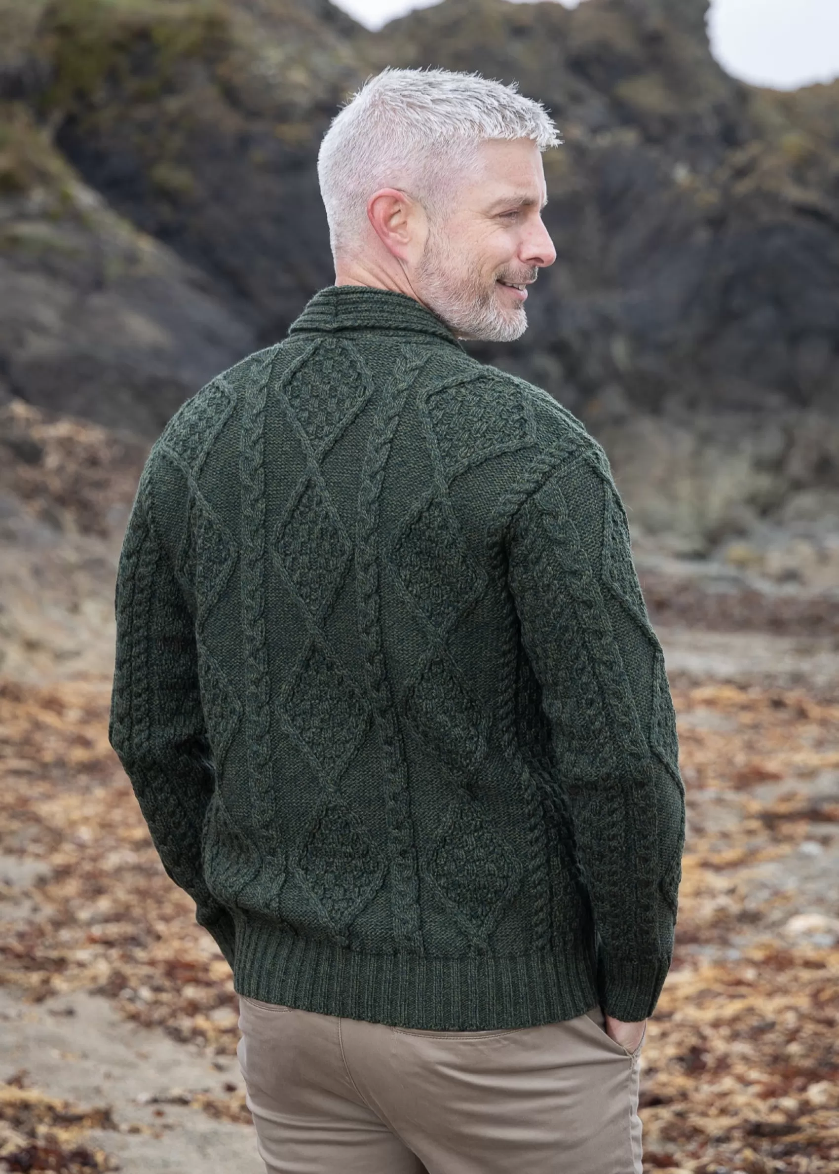 Aran Sweaters | Aran Cardigans^Original Aran Company Aran Men's Shawl Button Cardigan | Army Green