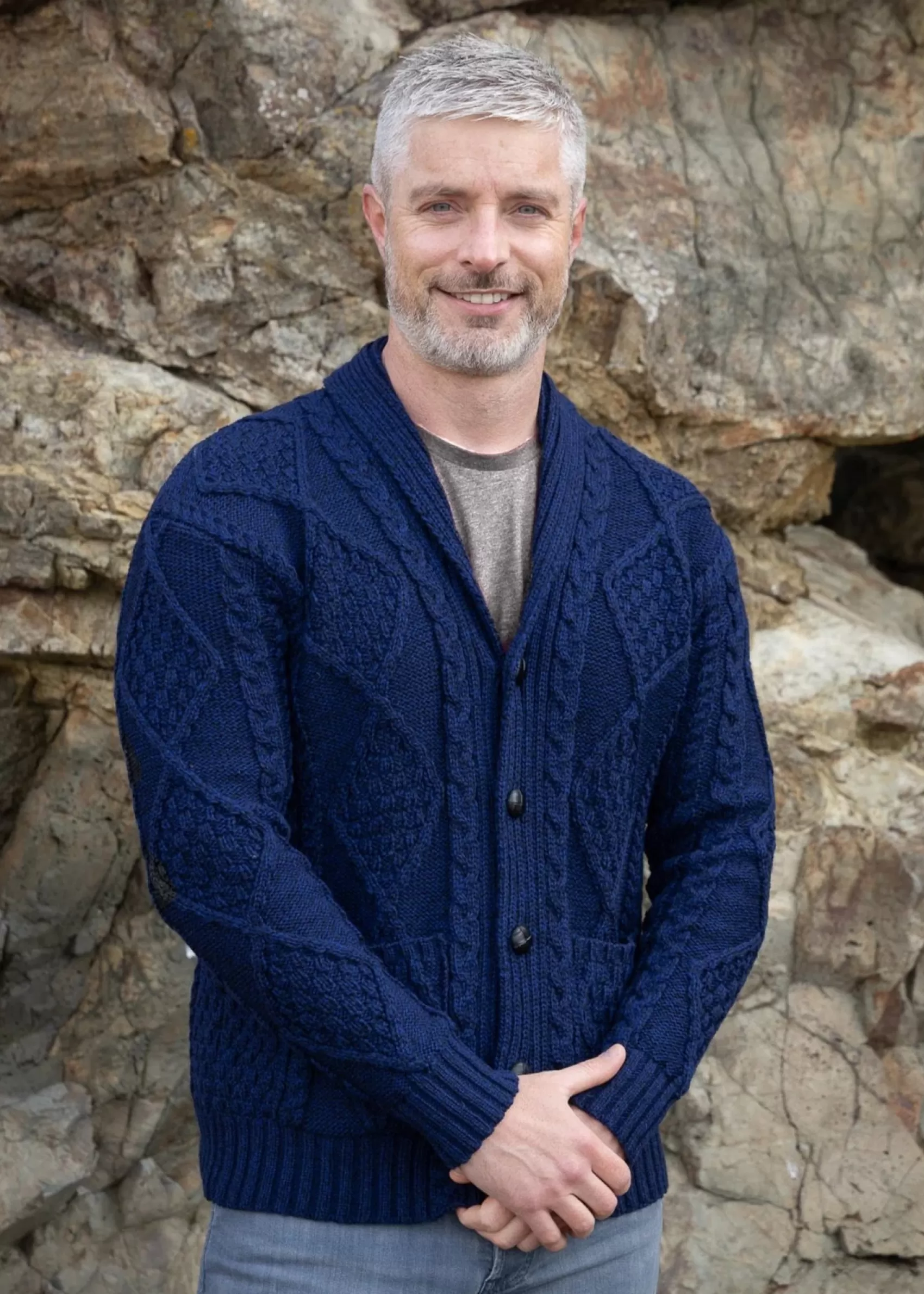 Aran Sweaters | Aran Cardigans^Original Aran Company Aran Men's Shawl Button Cardigan | Blue