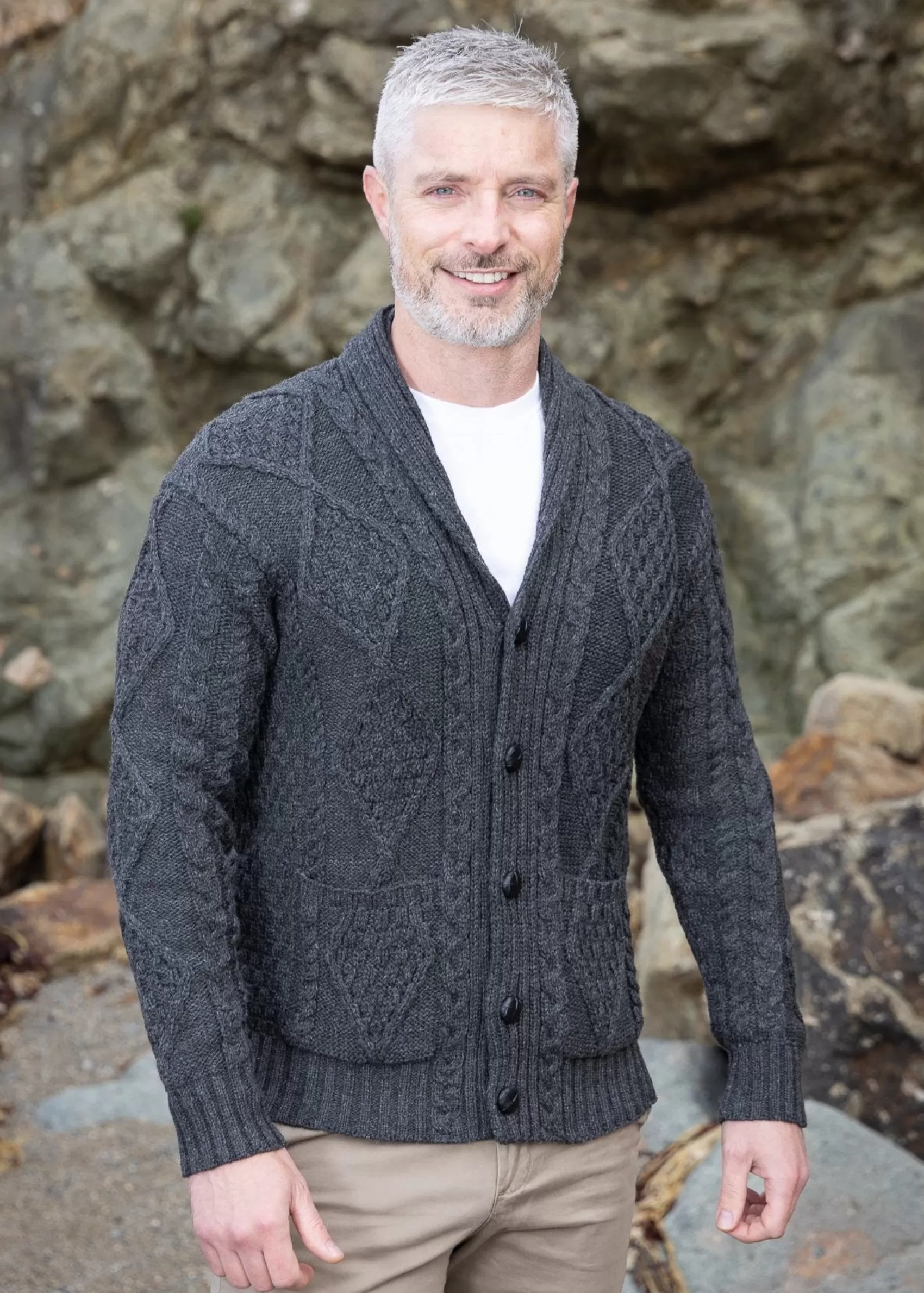 Aran Sweaters | Aran Cardigans^Original Aran Company Aran Men's Shawl Button Cardigan | Charcoal