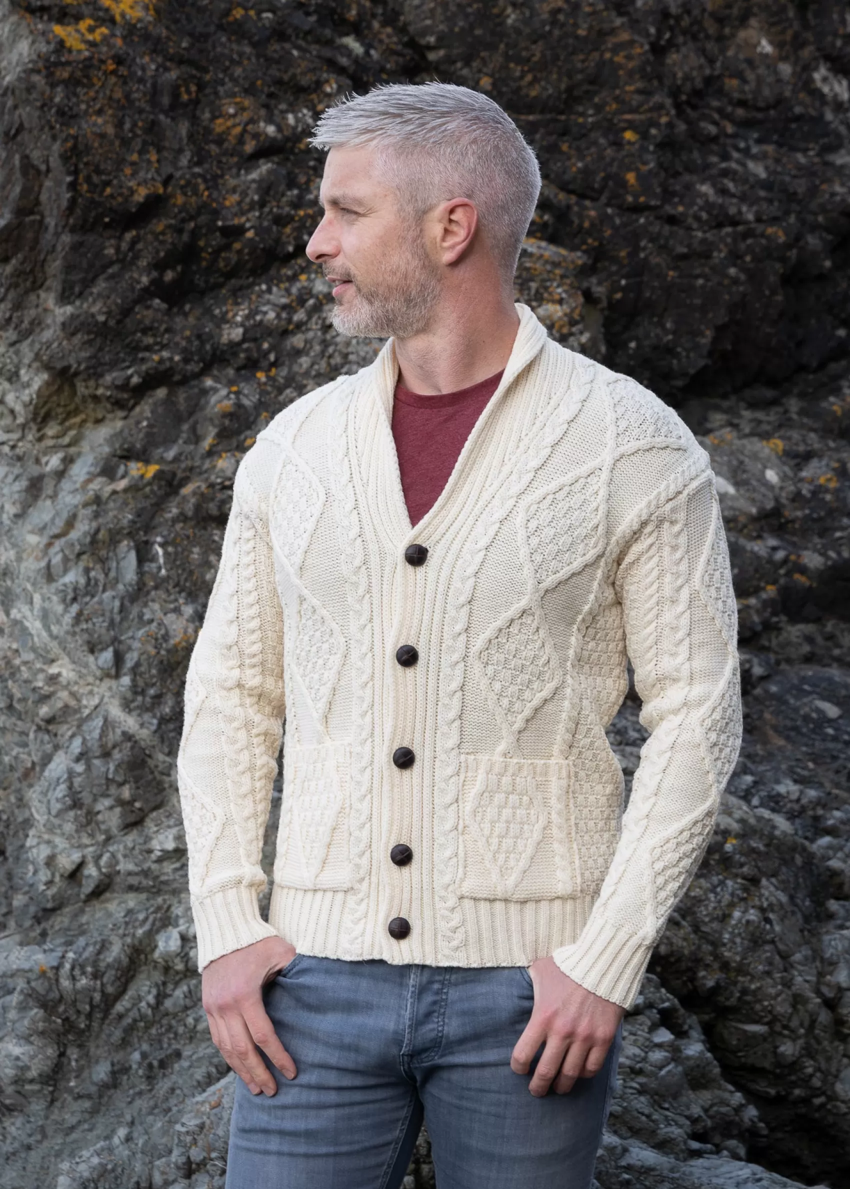 Aran Sweaters | Aran Cardigans^Original Aran Company Aran Men's Shawl Button Cardigan | Natural