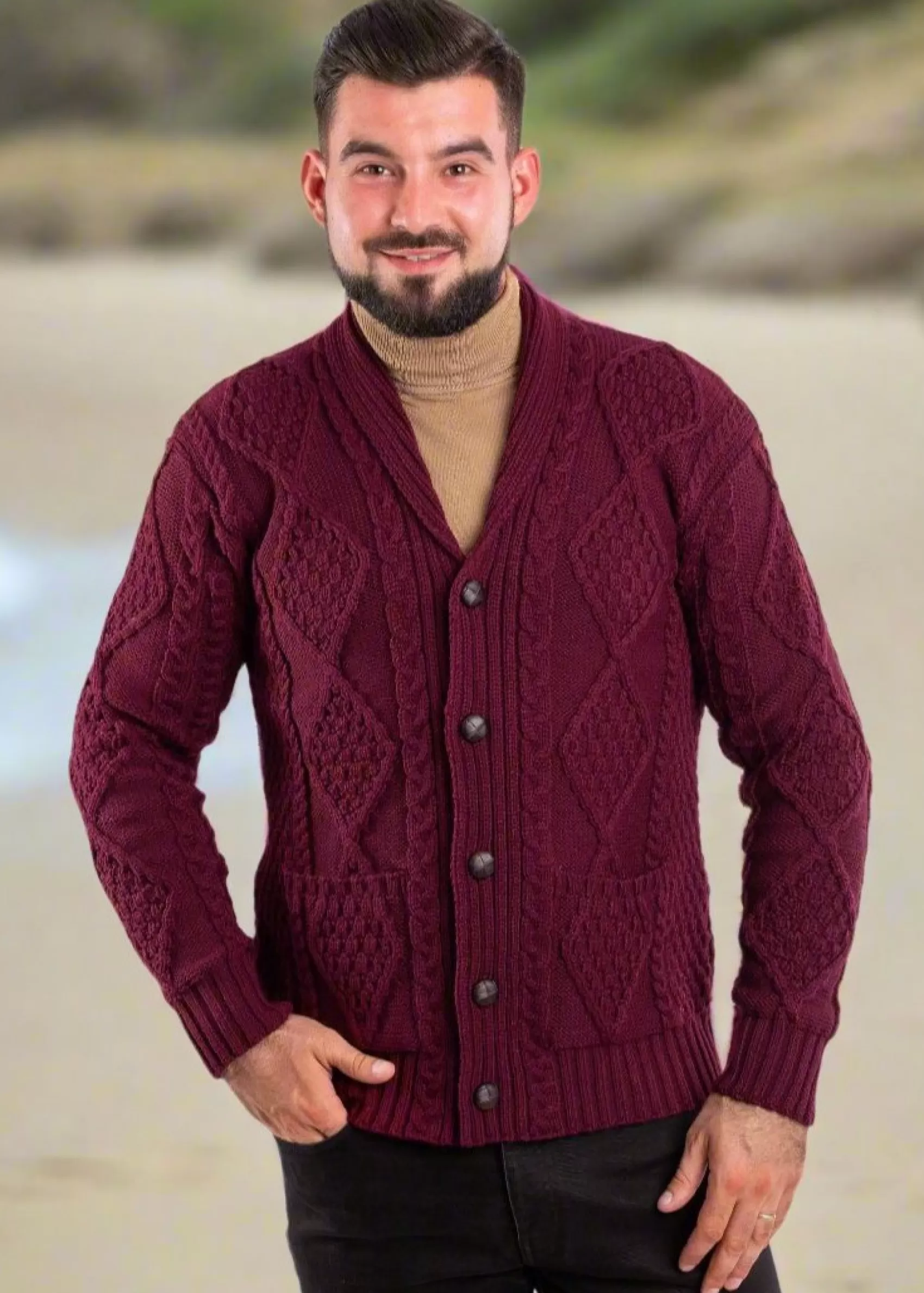 Aran Sweaters | Aran Cardigans^Original Aran Company Aran Men's Shawl Button Cardigan | Wine