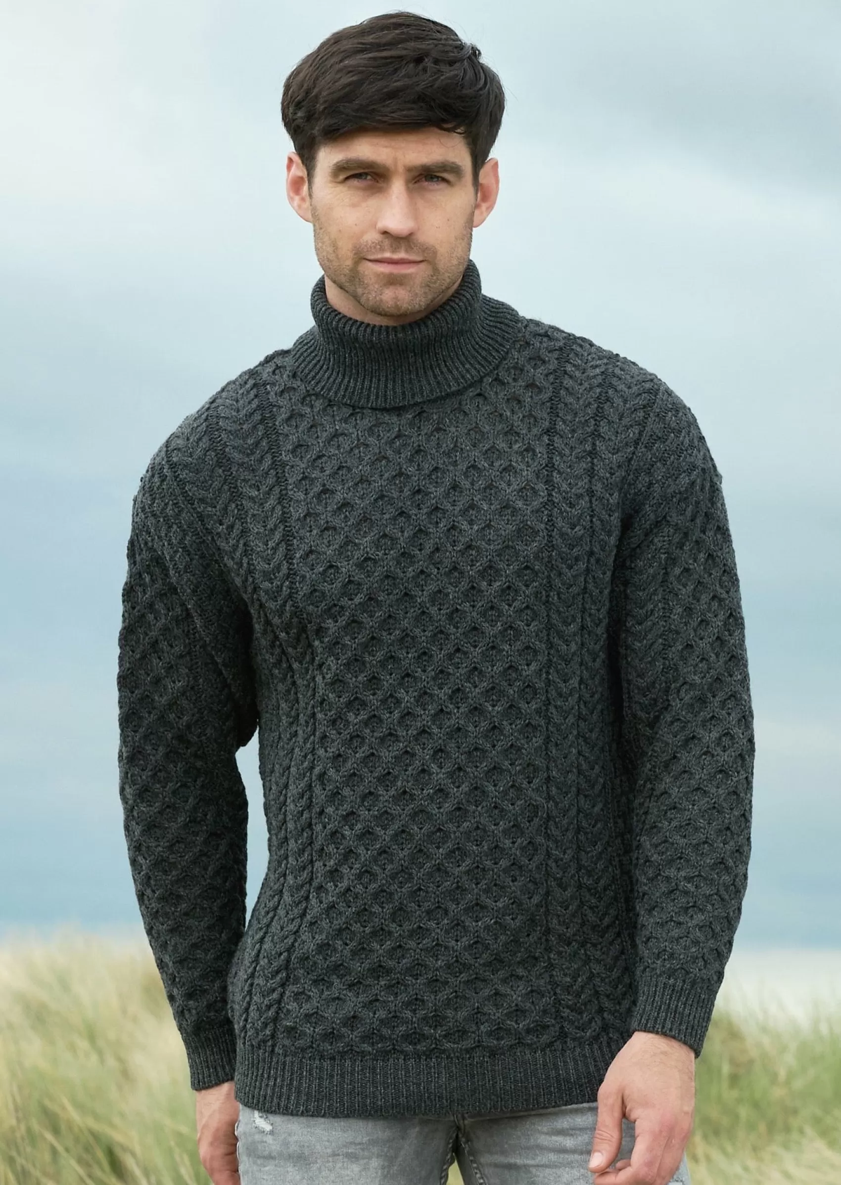 Aran Sweaters^Aran Crafts Aran Merino Polo Neck Sweater | Charcoal