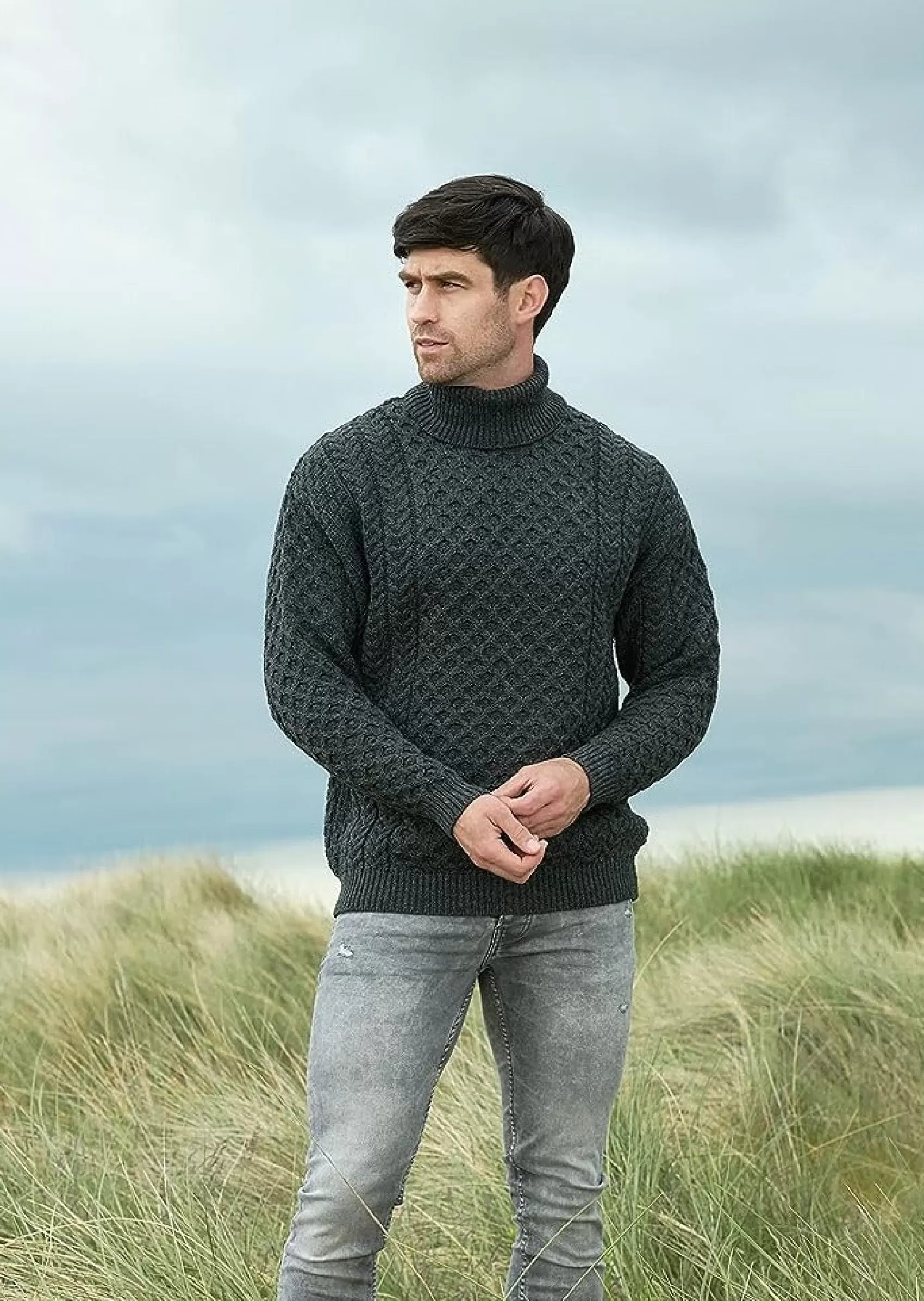 Aran Sweaters^Aran Crafts Aran Merino Polo Neck Sweater | Charcoal