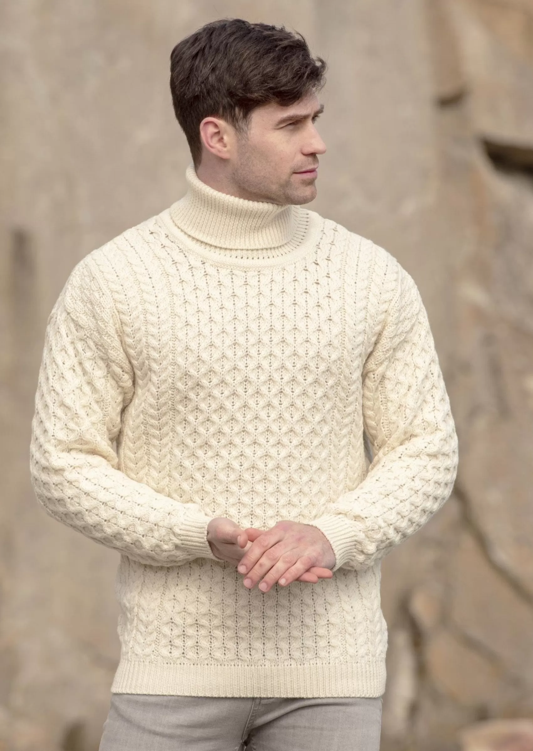 Aran Sweaters | Aran Sweaters^Aran Crafts Aran Merino Polo Neck Sweater | Natural