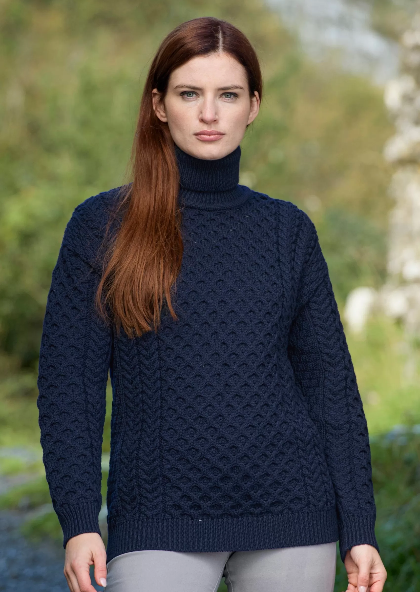 Aran Sweaters^Aran Crafts Aran Merino Polo Neck Sweater | Navy