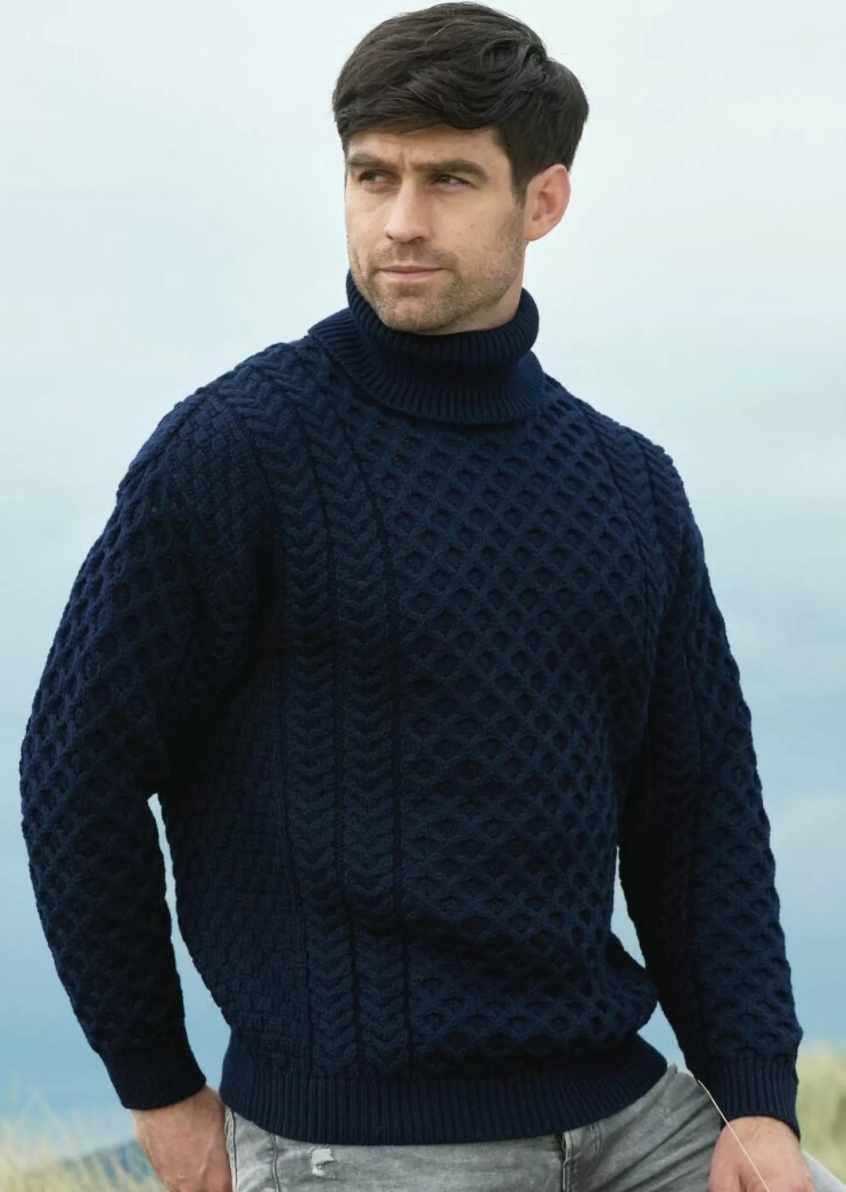 Aran Sweaters^Aran Crafts Aran Merino Polo Neck Sweater | Navy