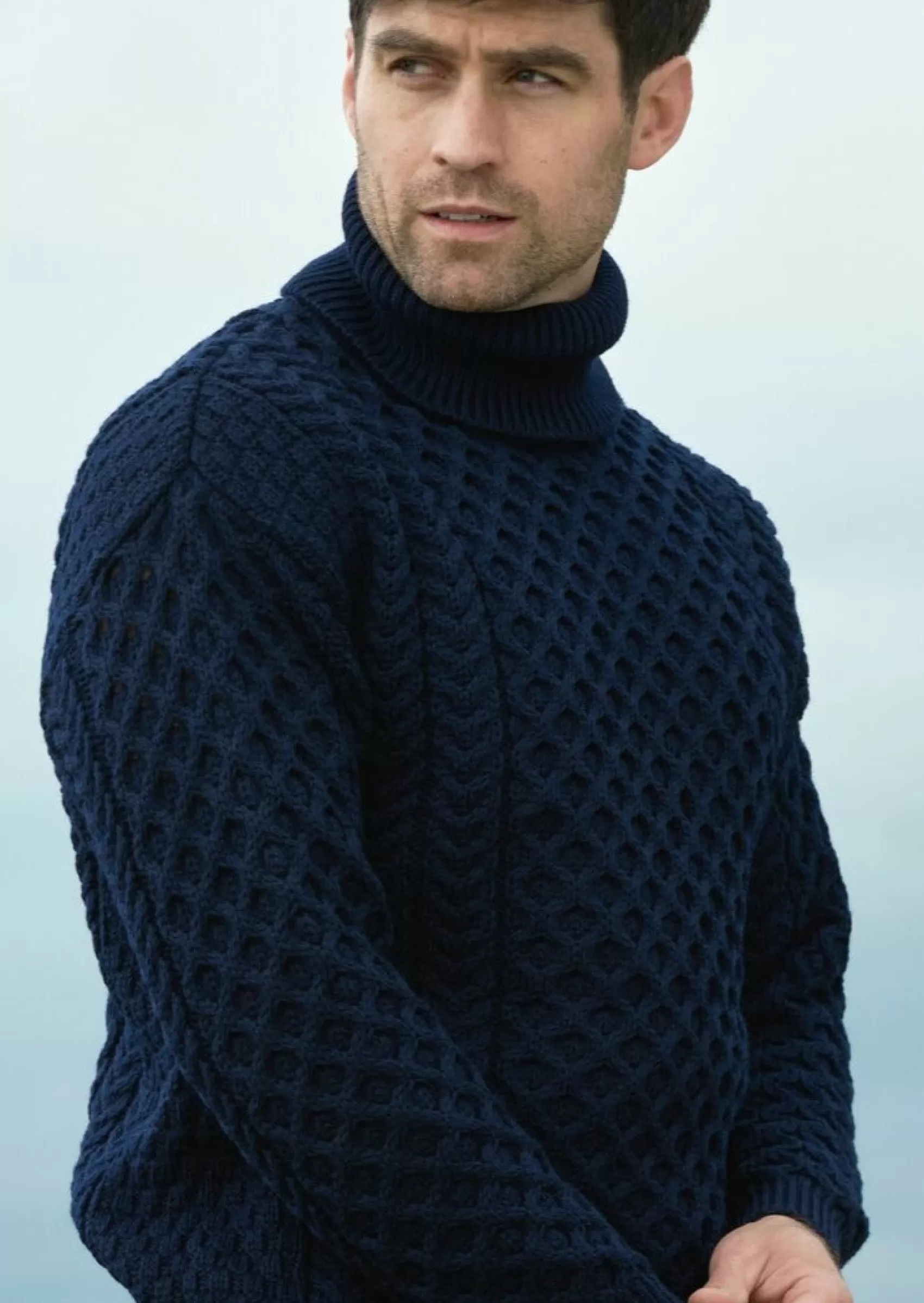 Aran Sweaters^Aran Crafts Aran Merino Polo Neck Sweater | Navy