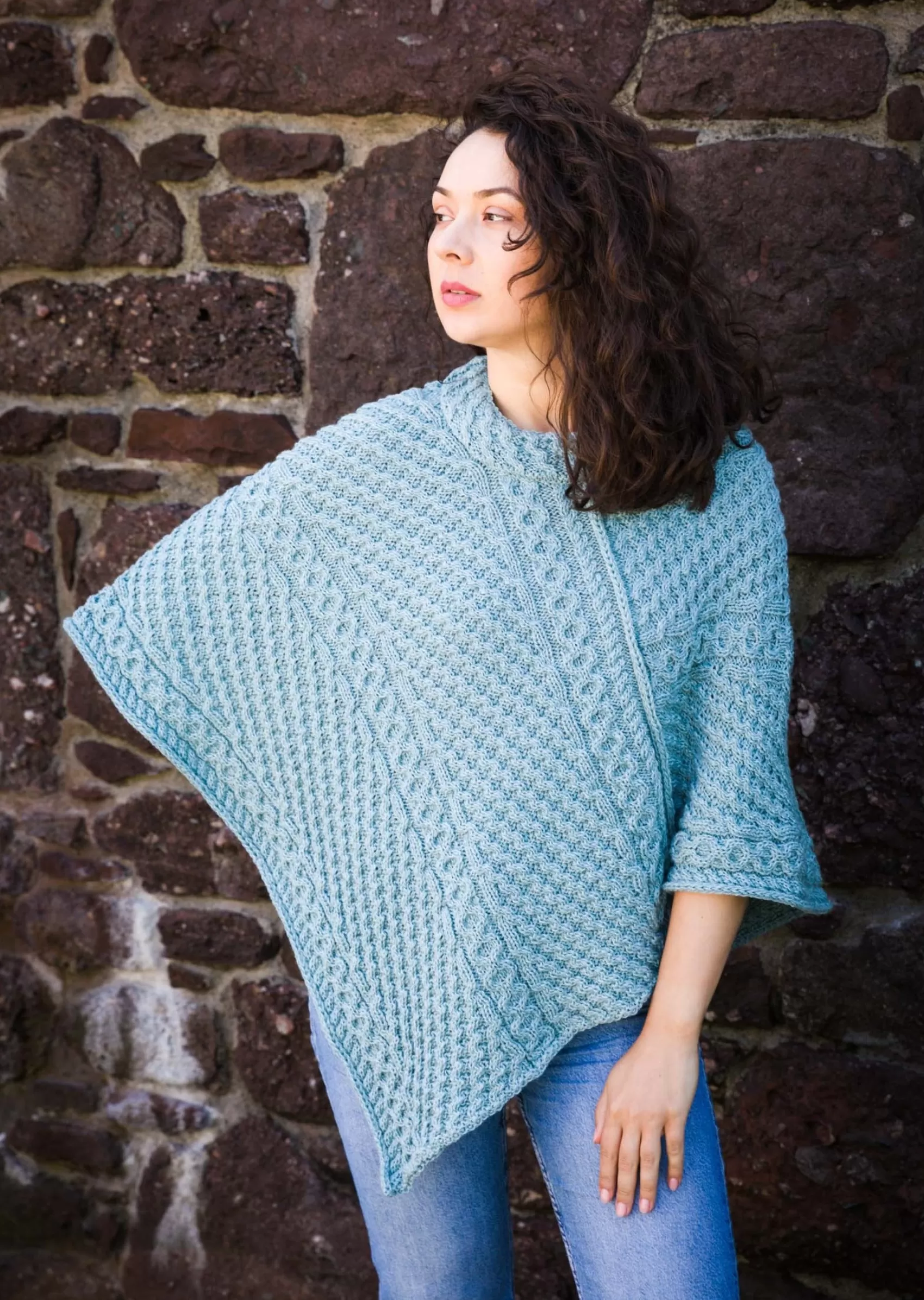 Aran Sweaters | Ponchos / Capes / Shawls^Original Aran Company Aran Merino Wool Cowl Poncho | Aqua