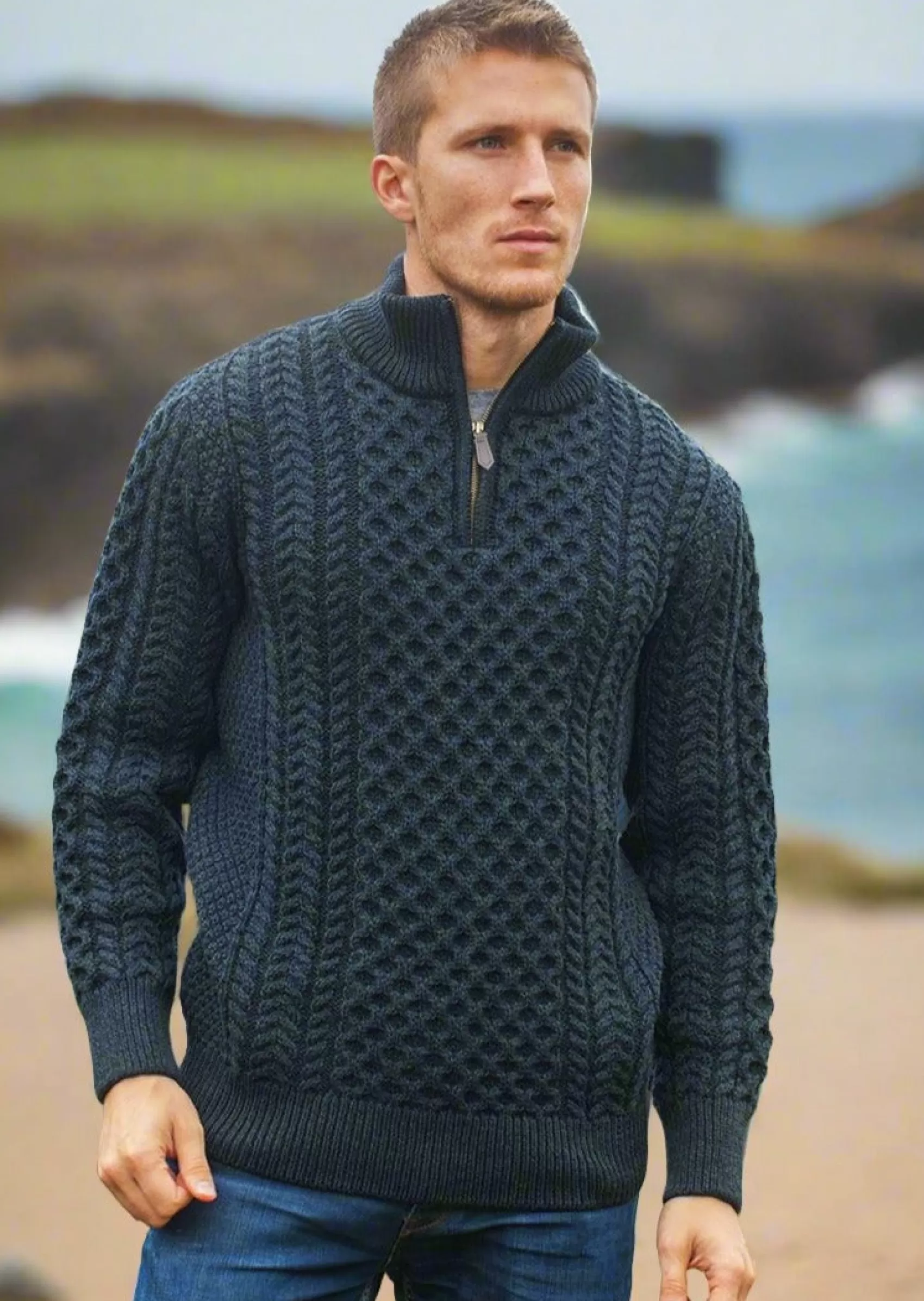 Aran Sweaters^Original Aran Company Aran Merino Wool Half Zip Sweater | Blackwatch