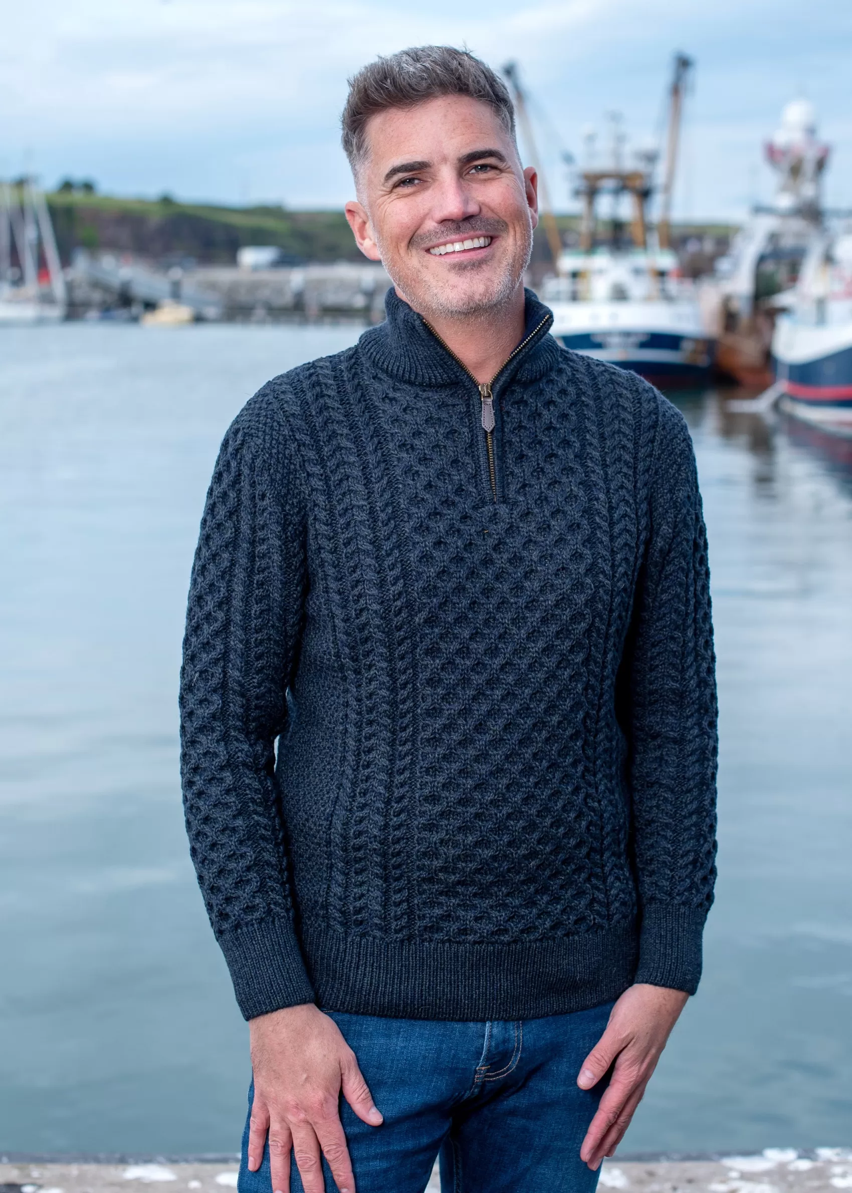 Aran Sweaters^Original Aran Company Aran Merino Wool Half Zip Sweater | Blackwatch