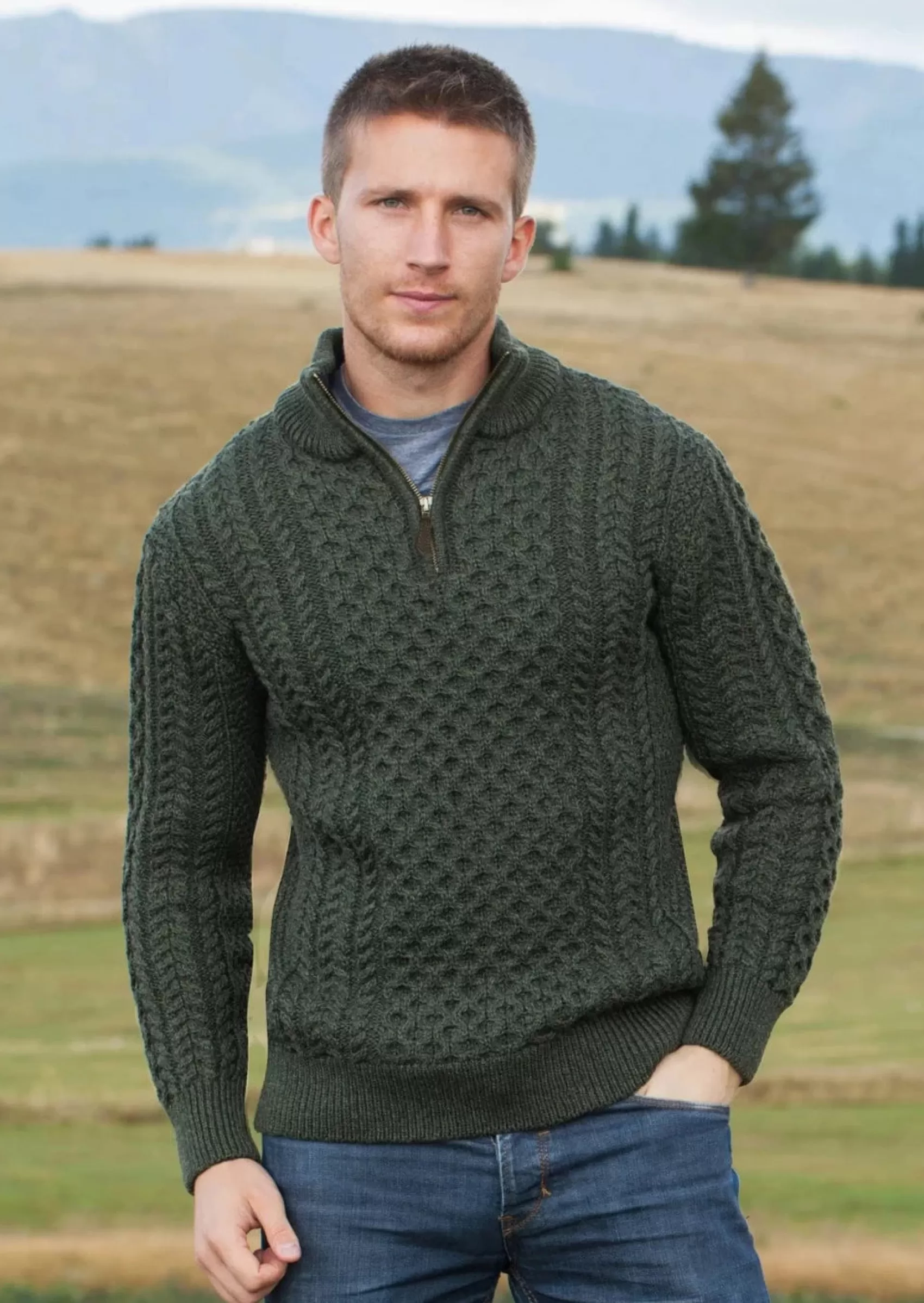 Aran Sweaters^Original Aran Company Aran Merino Wool Half Zip Sweater | Green