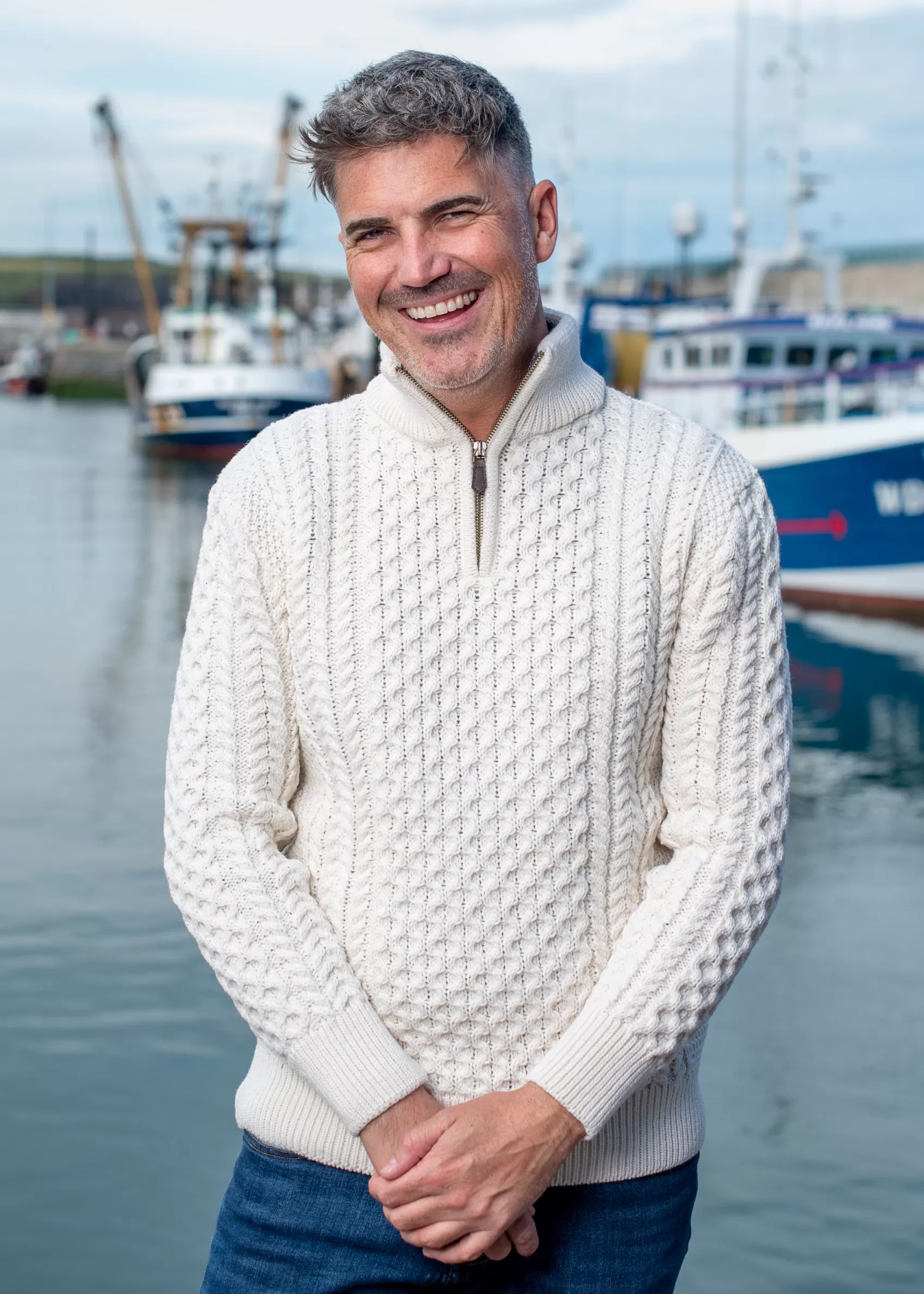 Aran Sweaters^Original Aran Company Aran Merino Wool Natural Half Zip Sweater