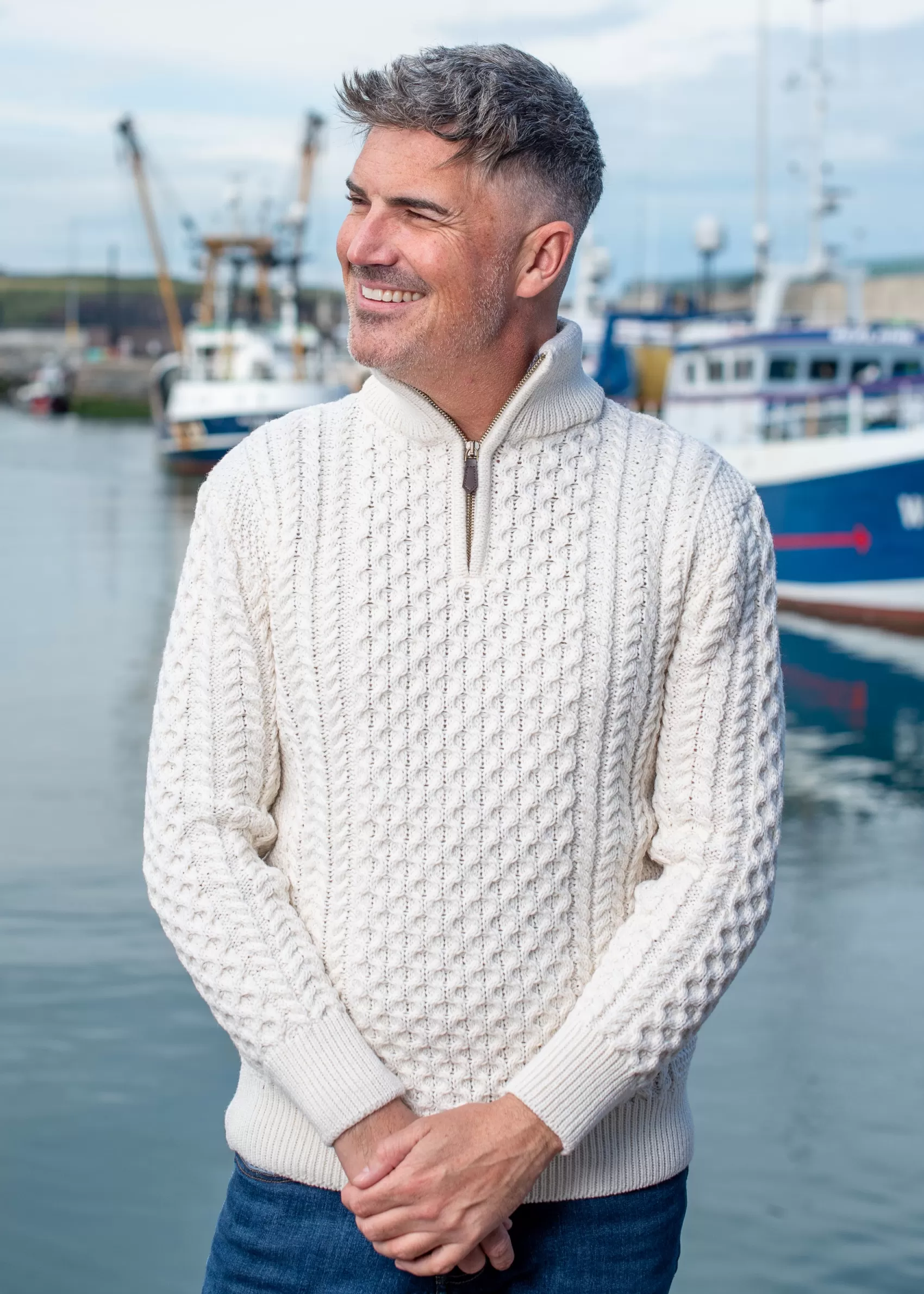 Aran Sweaters^Original Aran Company Aran Merino Wool Natural Half Zip Sweater