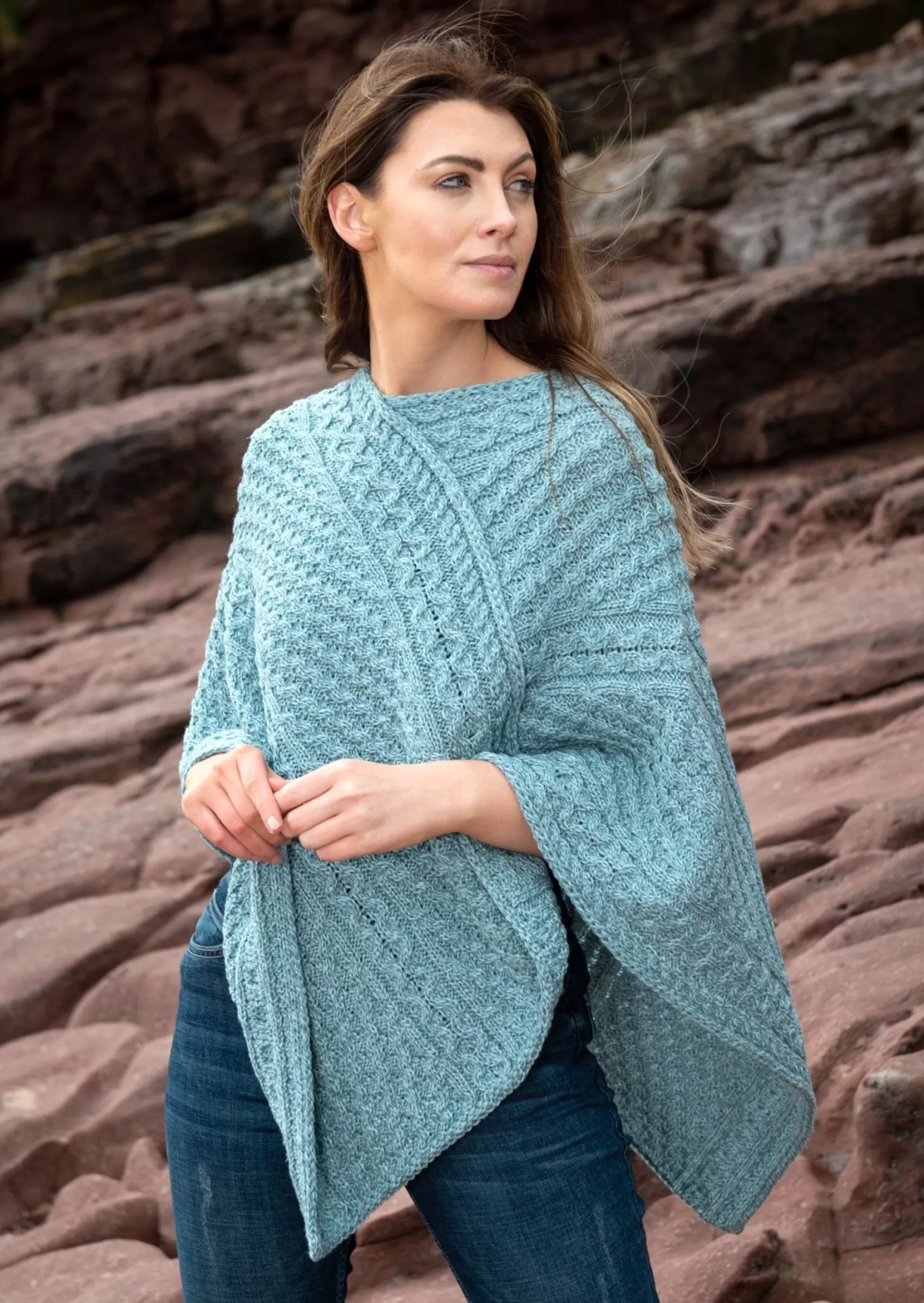 Aran Sweaters | Ponchos / Capes / Shawls^Original Aran Company Aran Merino Wool V Poncho | Aqua