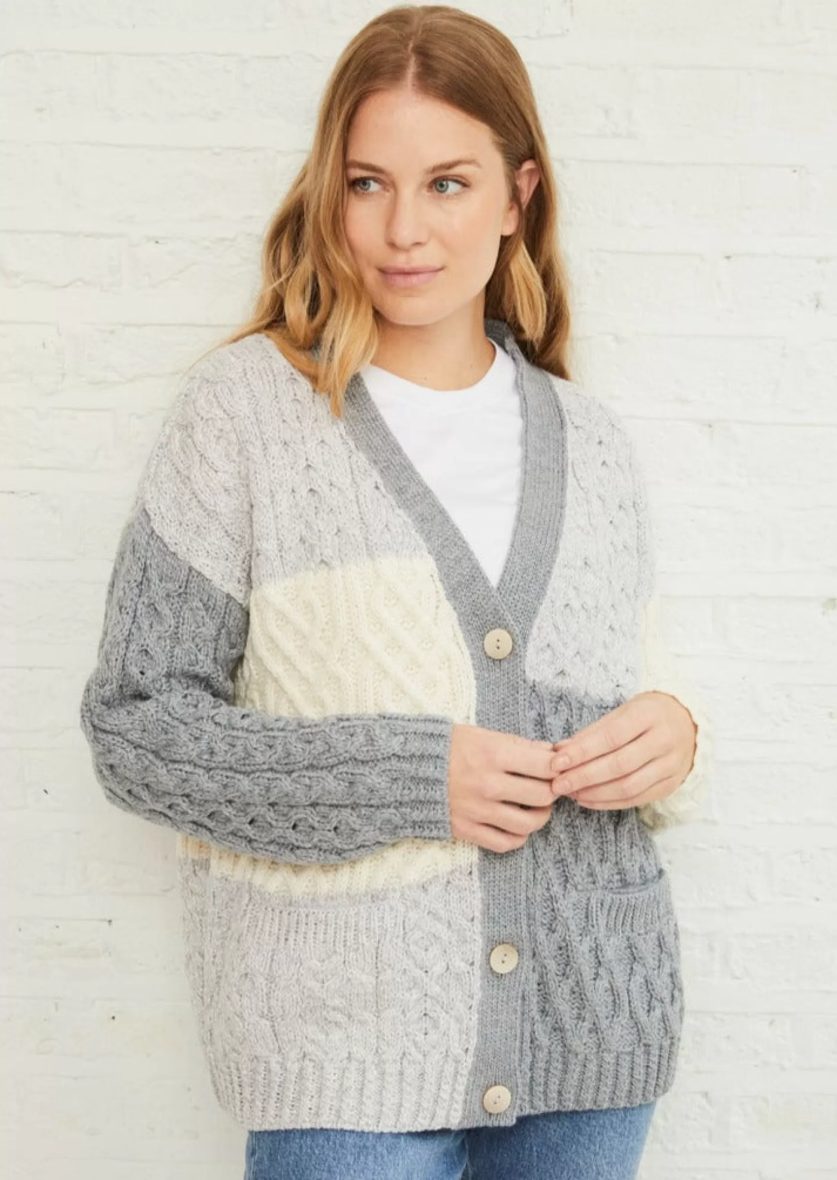 Aran Sweaters | Aran Cardigans^Aran Woollen Mills Aran Patchwork Cardigan | Dawn