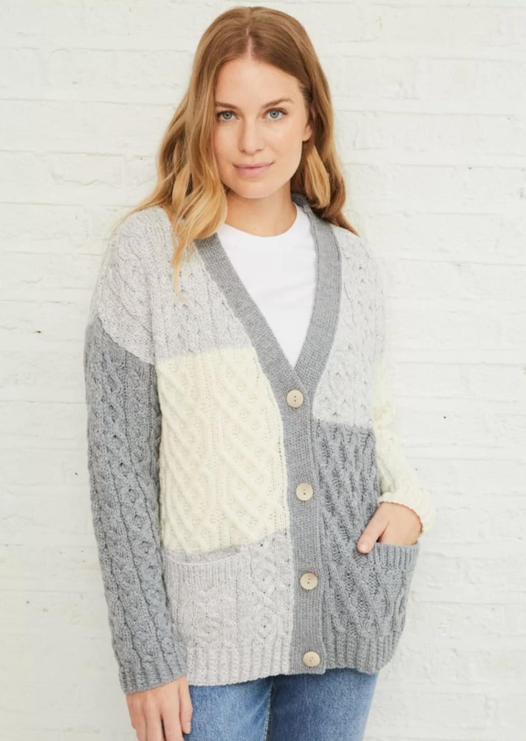 Aran Sweaters | Aran Cardigans^Aran Woollen Mills Aran Patchwork Cardigan | Dawn