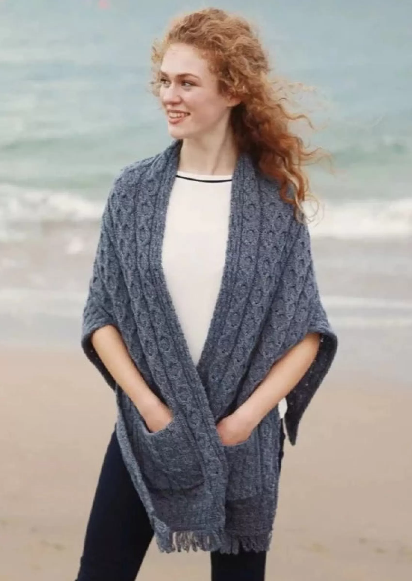 Ponchos / Capes / Shawls^Aran Woollen Mills Aran Pocket Shawl | Denim