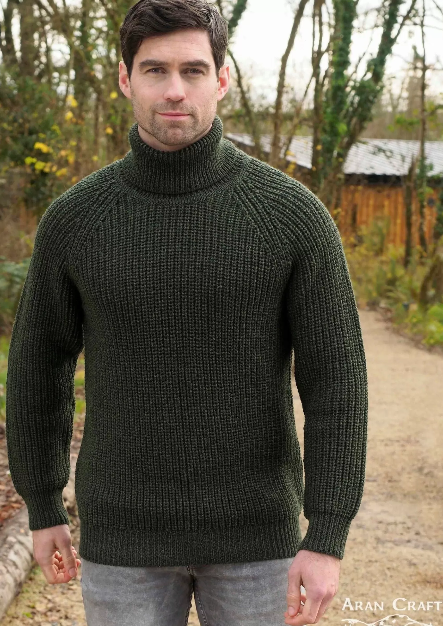 Aran Sweaters^Aran Crafts Aran Rib Roll Neck Sweater | Green