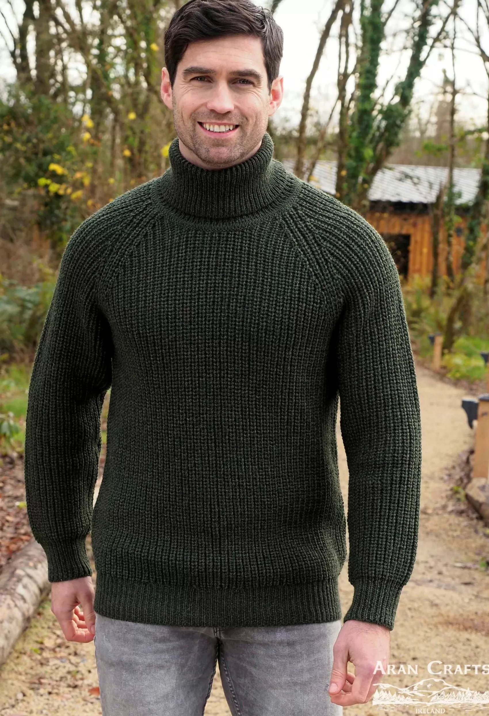 Aran Sweaters^Aran Crafts Aran Rib Roll Neck Sweater | Green