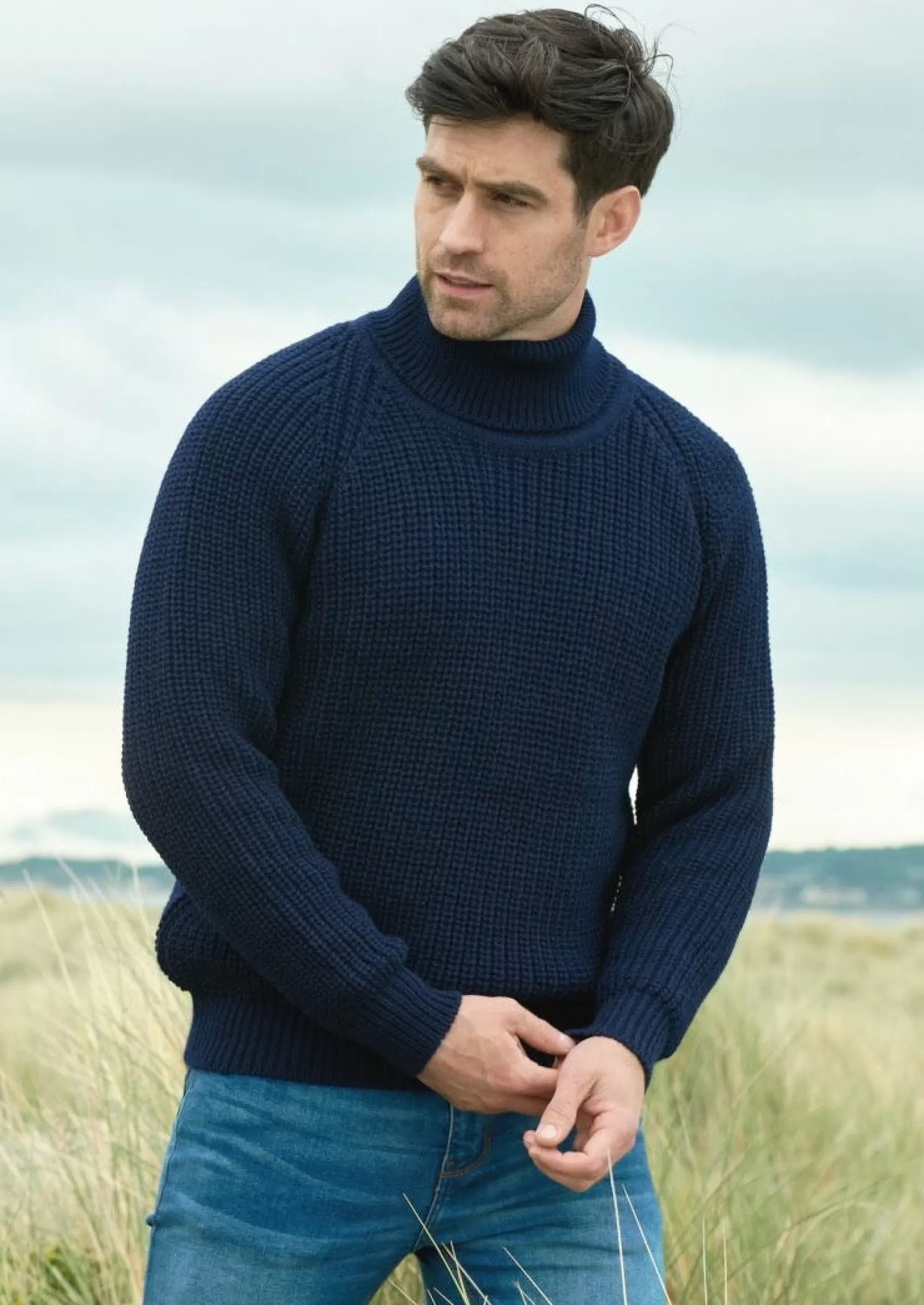 Aran Sweaters^Aran Crafts Aran Rib Roll Neck Sweater | Navy